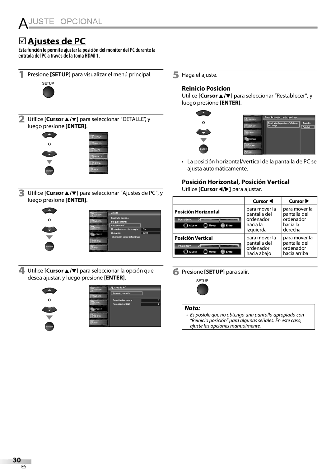 Sylvania LC427SSX owner manual 5Ajustes de PC, Reinicio Posicion, Posición Horizontal, Posición Vertical 