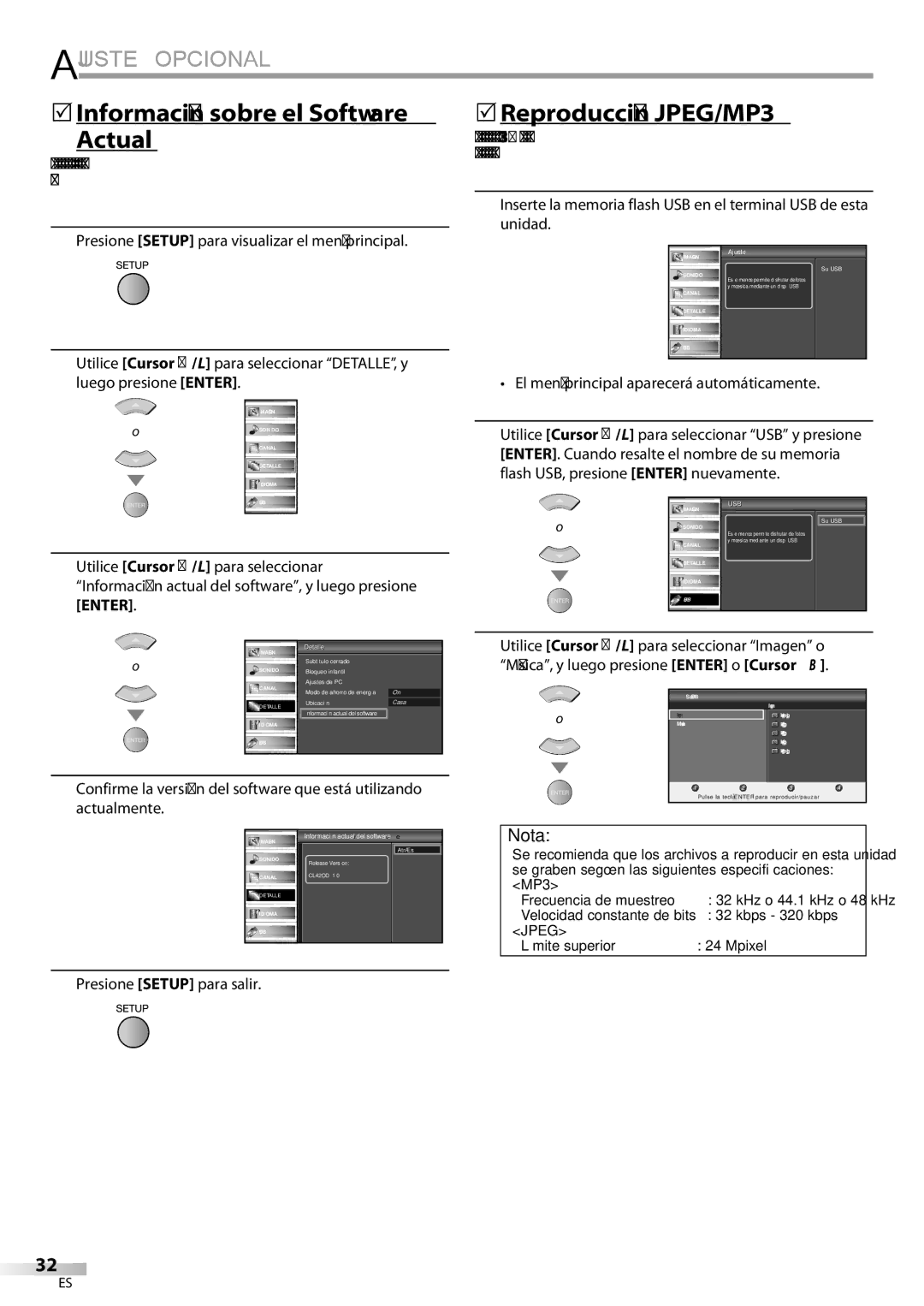 Sylvania LC427SSX owner manual 5Información sobre el Software Actual, 5Reproducción JPEG/MP3, Actualmente 