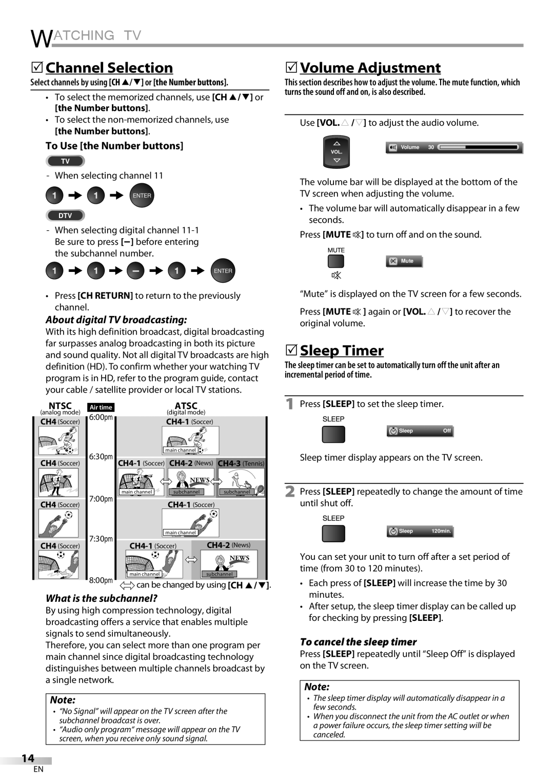 Sylvania LC427SSX owner manual Watching TV, 5Channel Selection, 5Volume Adjustment, 5Sleep Timer 