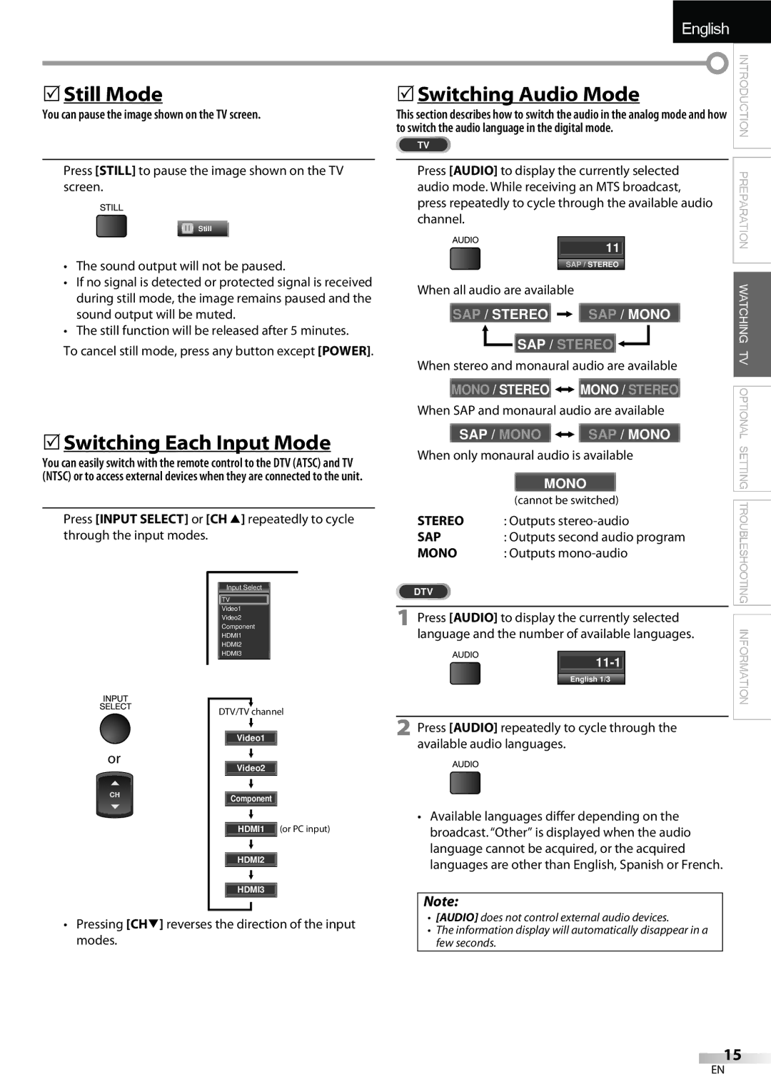 Sylvania LC427SSX owner manual 5Still Mode, 5Switching Each Input Mode, 5Switching Audio Mode 