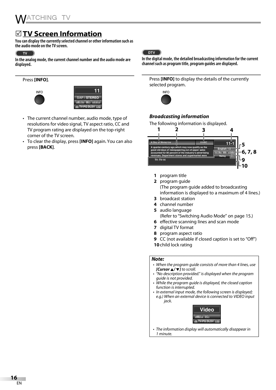 Sylvania LC427SSX 5TV Screen Information, Broadcasting information, Press Info, Following information is displayed 