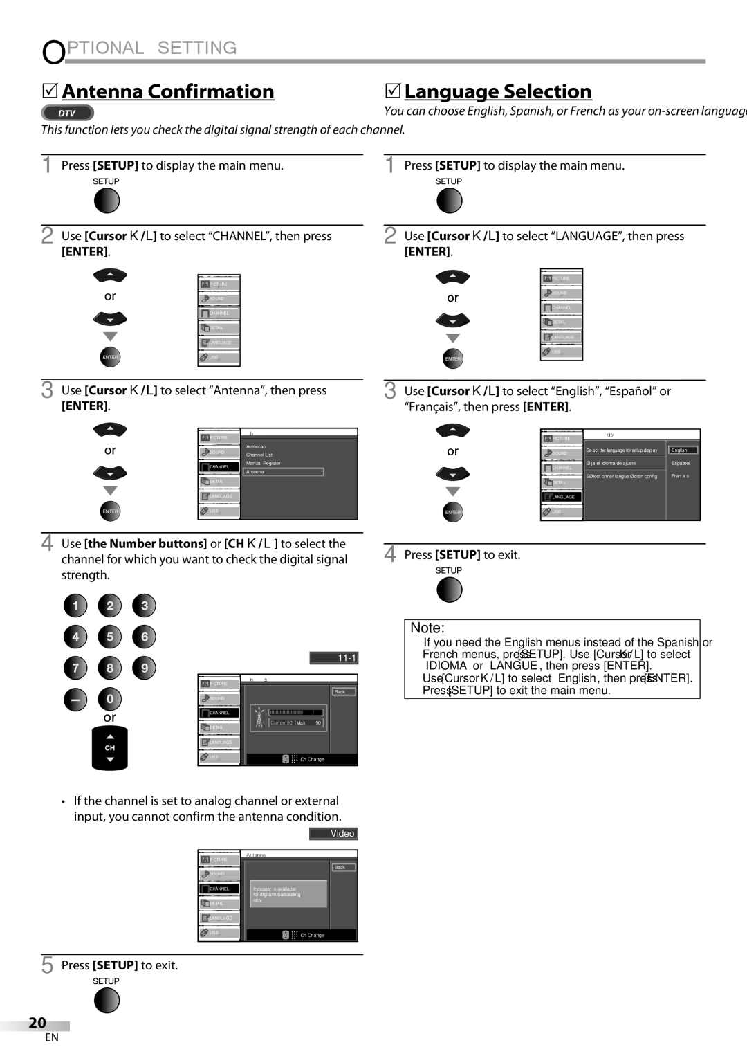 Sylvania LC427SSX owner manual 5Antenna Confirmation, 5Language Selection, Français, then press Enter 