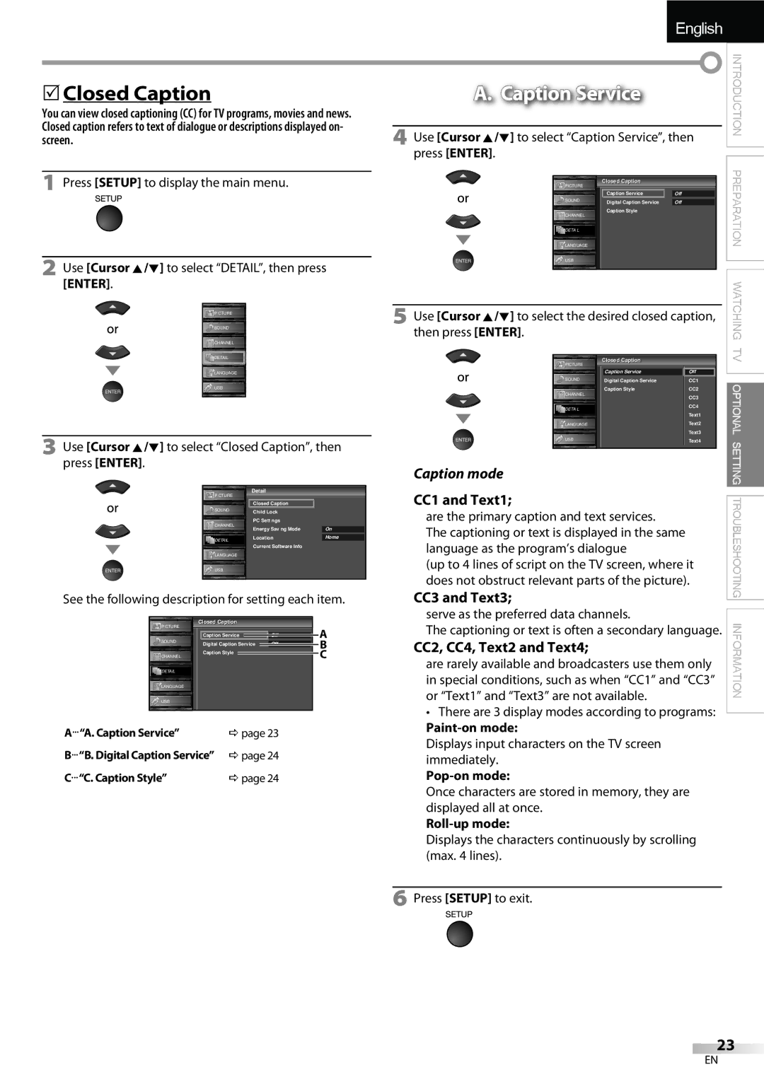 Sylvania LC427SSX owner manual 5Closed Caption, Caption Service, CC1 and Text1, CC3 and Text3, CC2, CC4, Text2 and Text4 