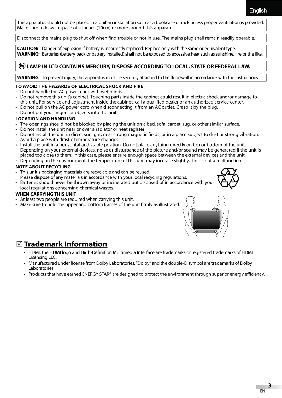 Sylvania LC427SSX 5Trademark Information, To Avoid the Hazards of Electrical Shock and Fire, Location and Handling 