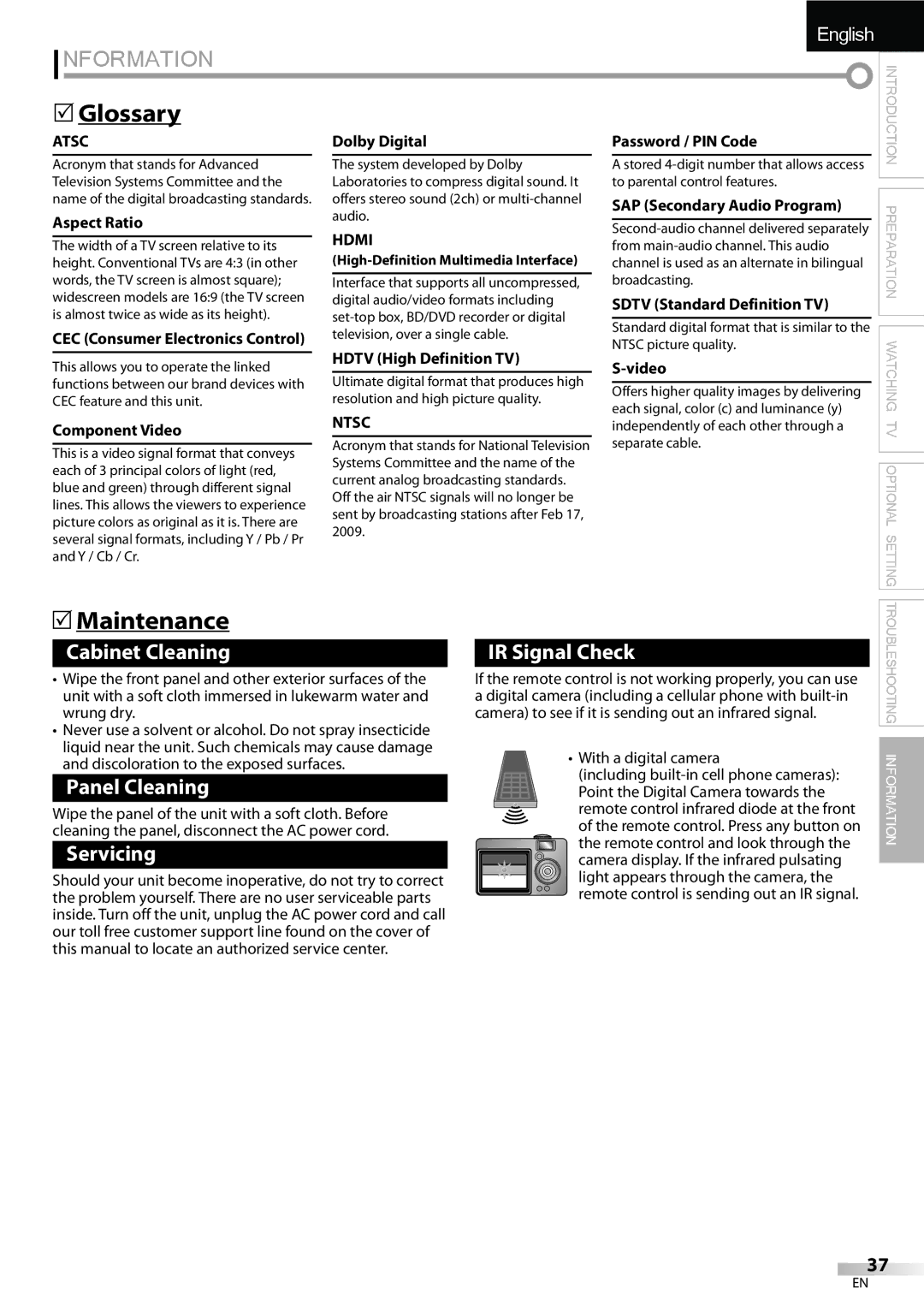 Sylvania LC427SSX owner manual Information, Glossary, Maintenance, Hdmi, Ntsc 