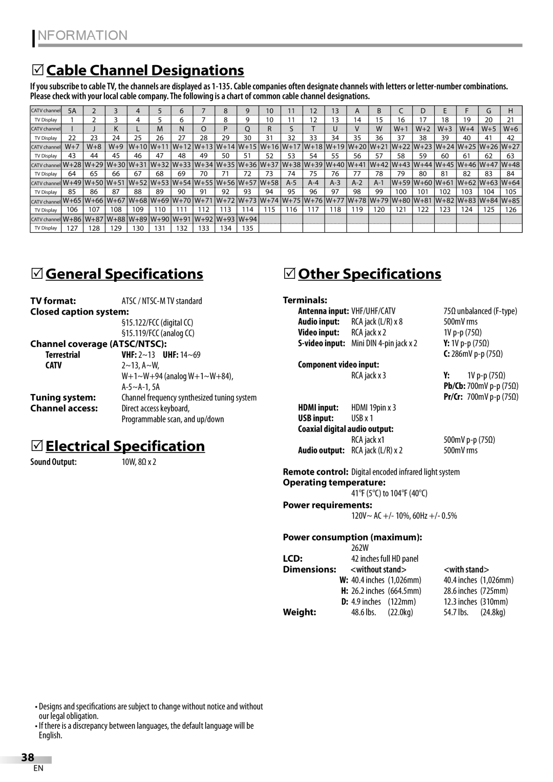 Sylvania LC427SSX 5Cable Channel Designations, 5General Specifications, 5Electrical Specification, 5Other Specifications 