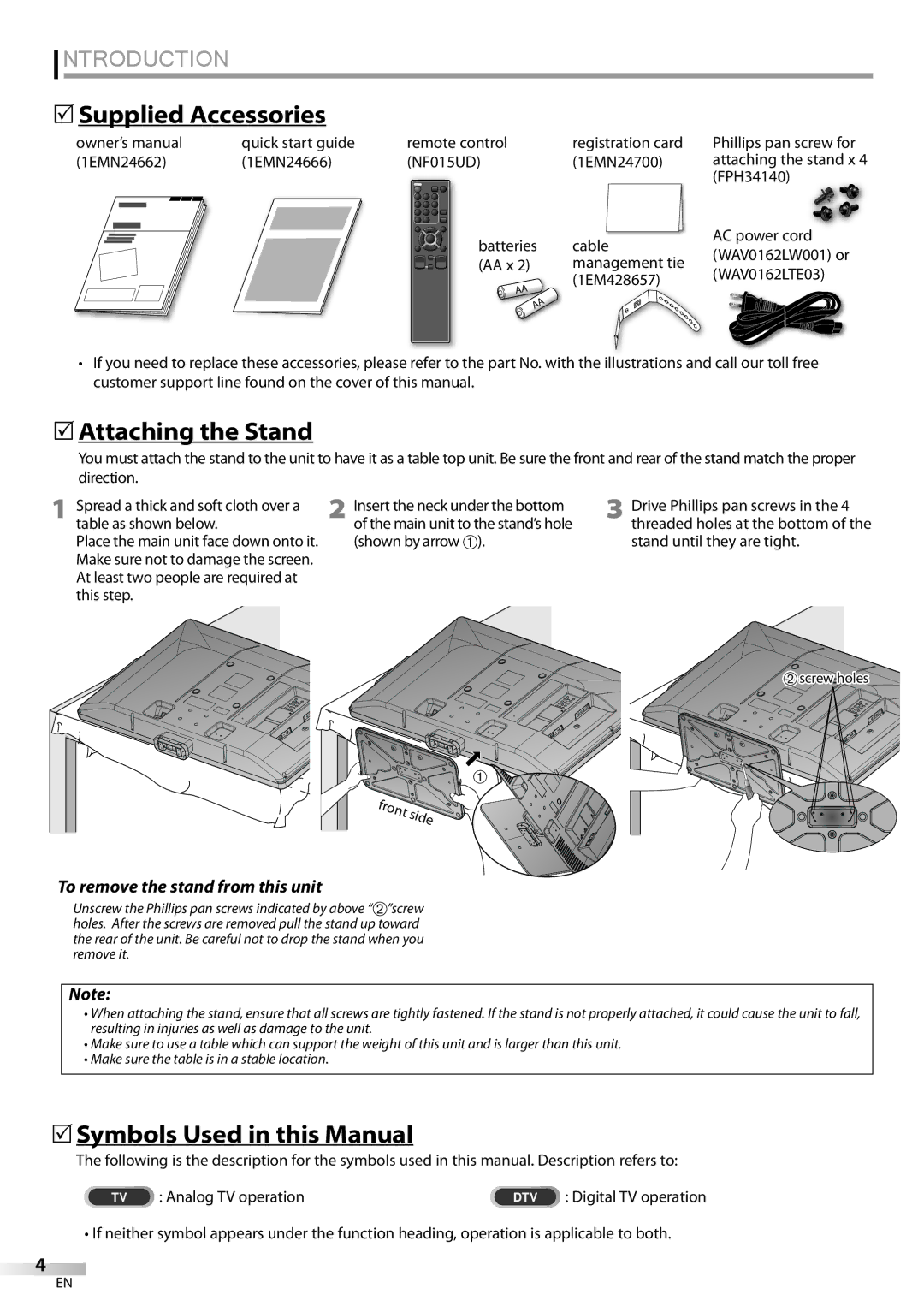 Sylvania LC427SSX owner manual Introduction, 5Supplied Accessories, 5Attaching the Stand, 5Symbols Used in this Manual 