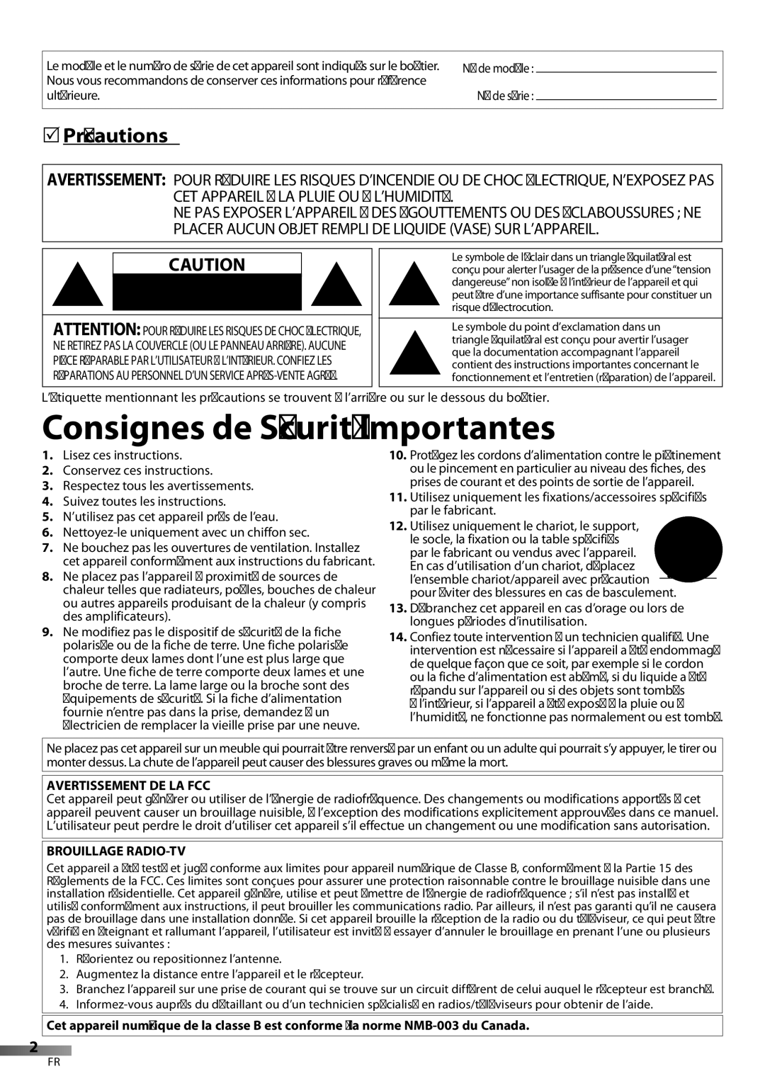 Sylvania LC427SSX owner manual Précautions, Ultérieure, Avertissement DE LA FCC, Brouillage RADIO-TV, De série 