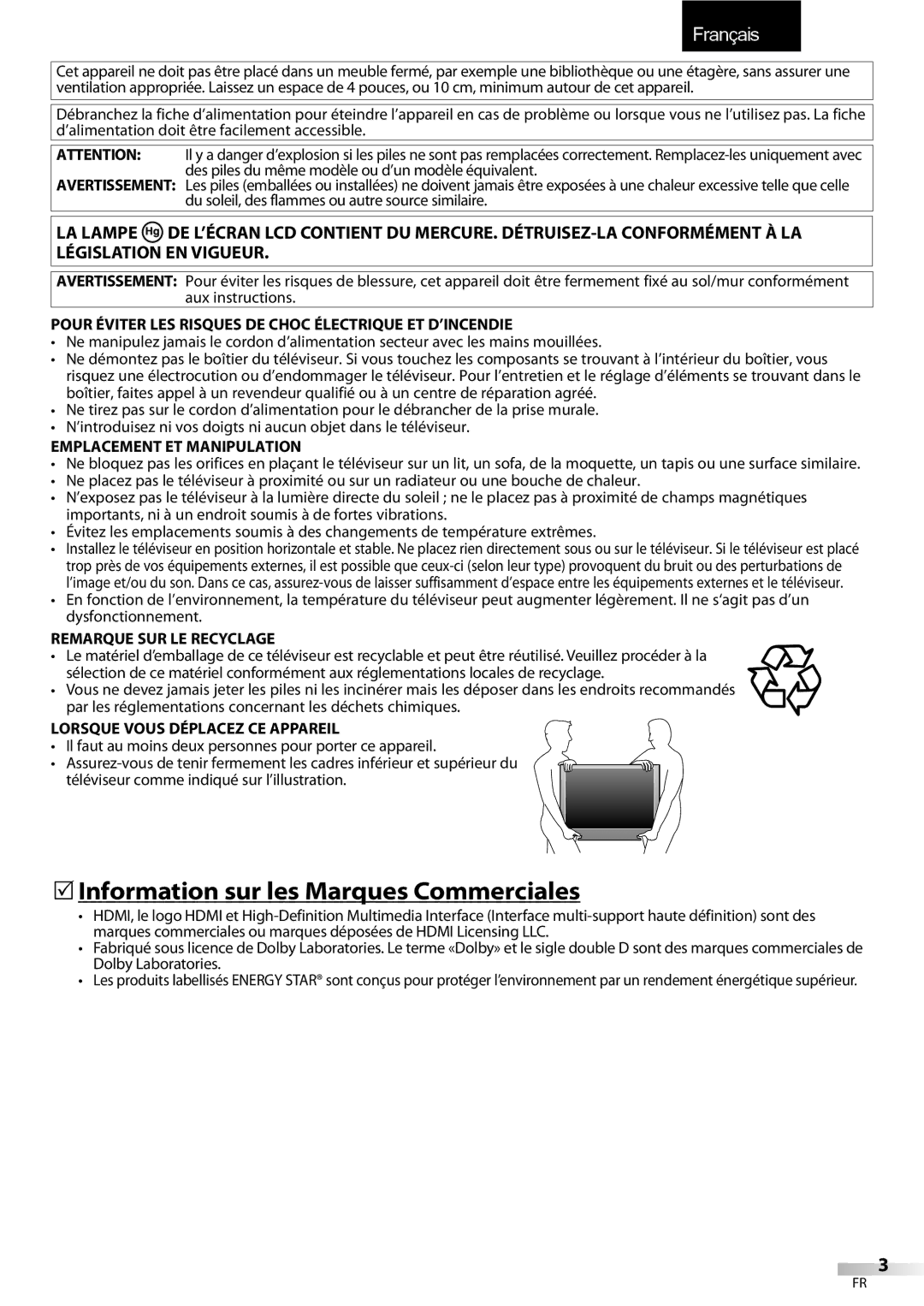 Sylvania LC427SSX 5Information sur les Marques Commerciales, Pour Éviter LES Risques DE Choc Électrique ET D’INCENDIE 