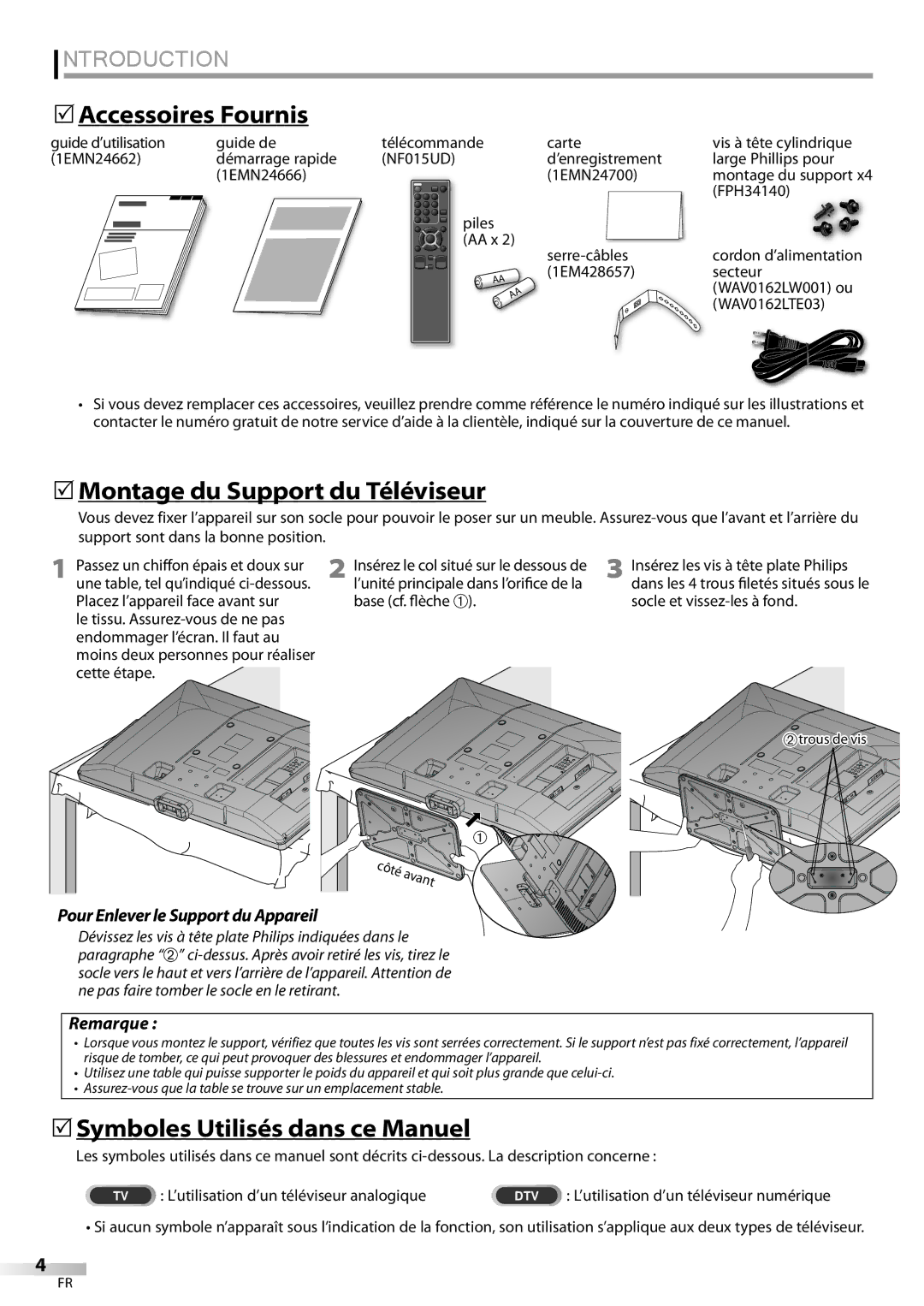 Sylvania LC427SSX 5Accessoires Fournis, 5Montage du Support du Téléviseur, 5Symboles Utilisés dans ce Manuel, Remarque 