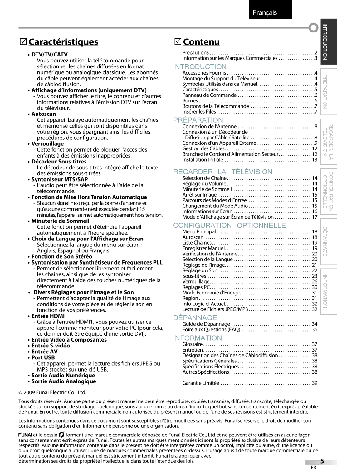 Sylvania LC427SSX owner manual Caractéristiques, Contenu 