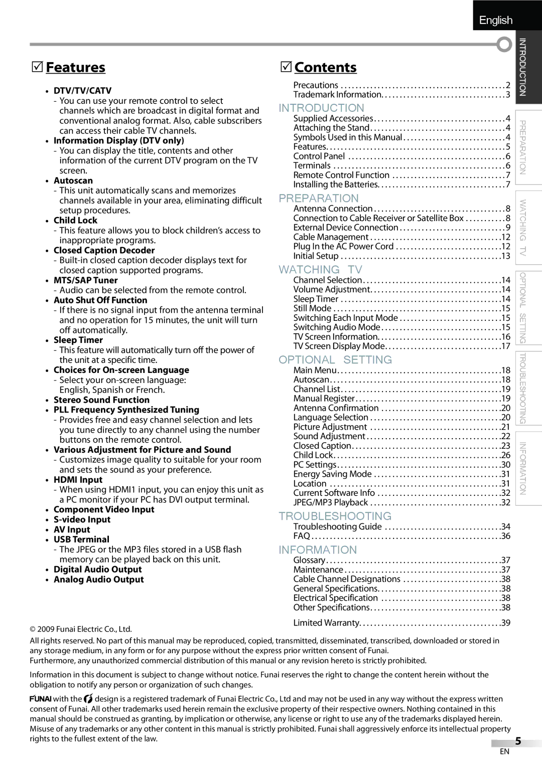 Sylvania LC427SSX owner manual Features, Contents, Dtv/Tv/Catv 