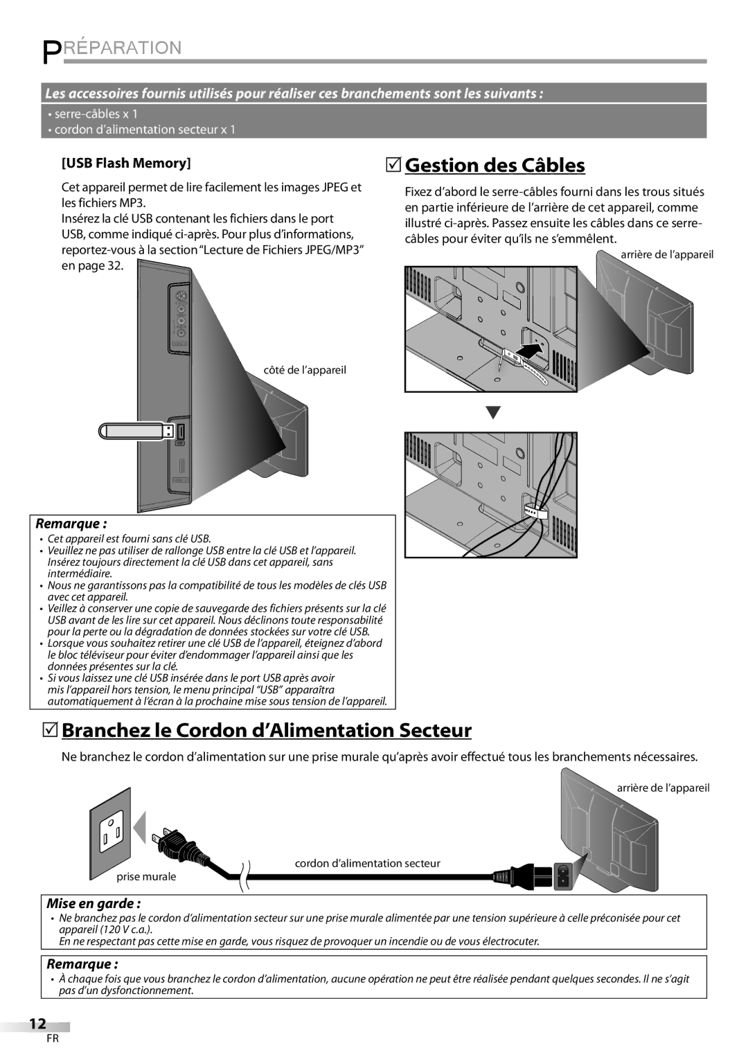 Sylvania LC427SSX owner manual 5Gestion des Câbles, 5Branchez le Cordon d’Alimentation Secteur, Mise en garde 