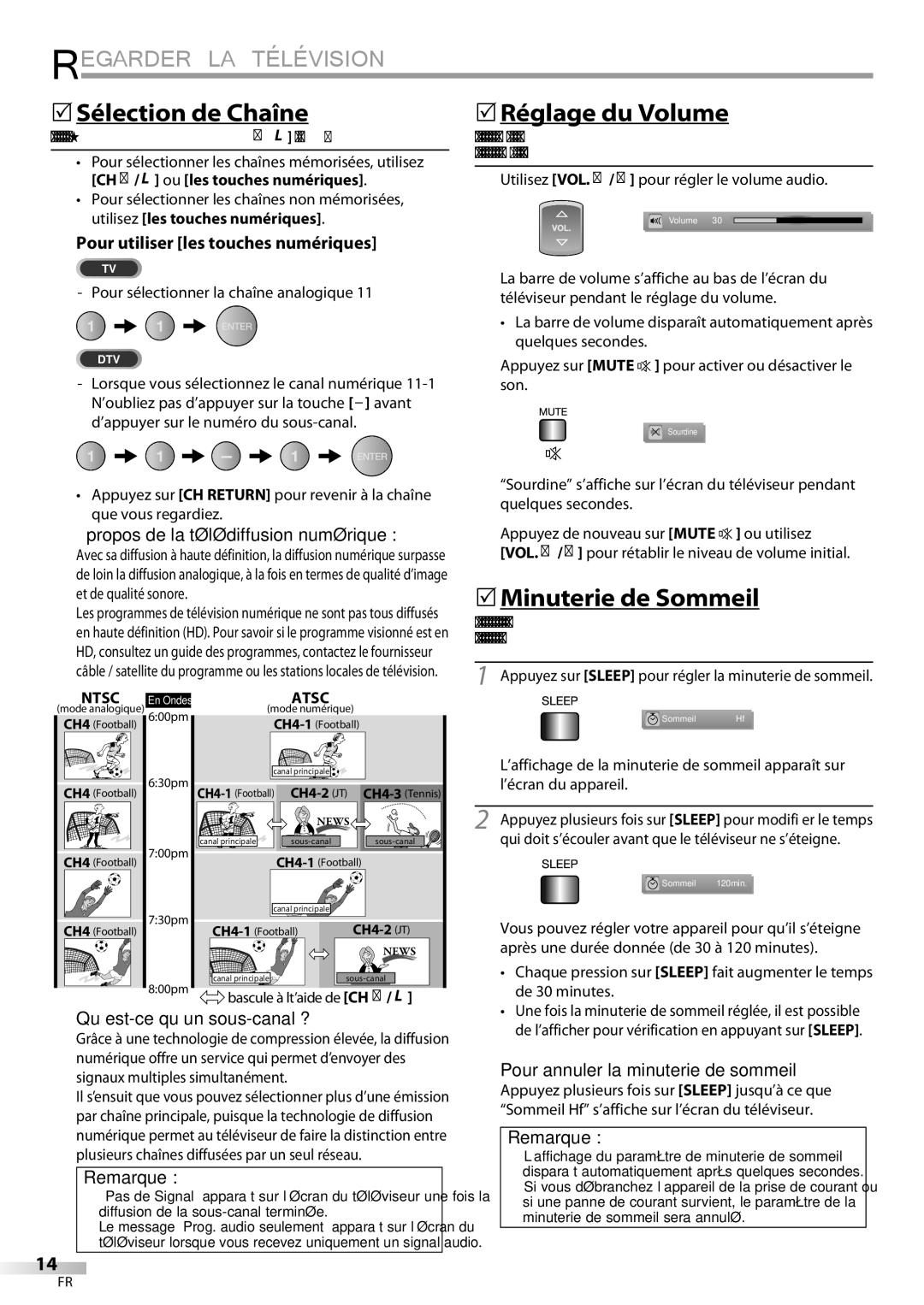 Sylvania LC427SSX owner manual Regarder LA Télévision, 5Sélection de Chaîne, 5Réglage du Volume, 5Minuterie de Sommeil 