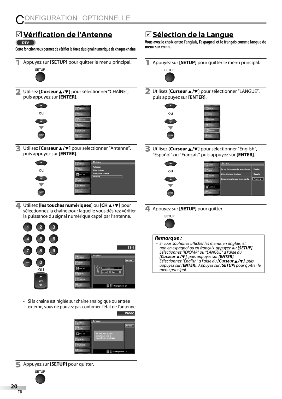 Sylvania LC427SSX 5Vérification de l’Antenne, 5Sélection de la Langue, Appuyez sur Setup pour quitter le menu principal 