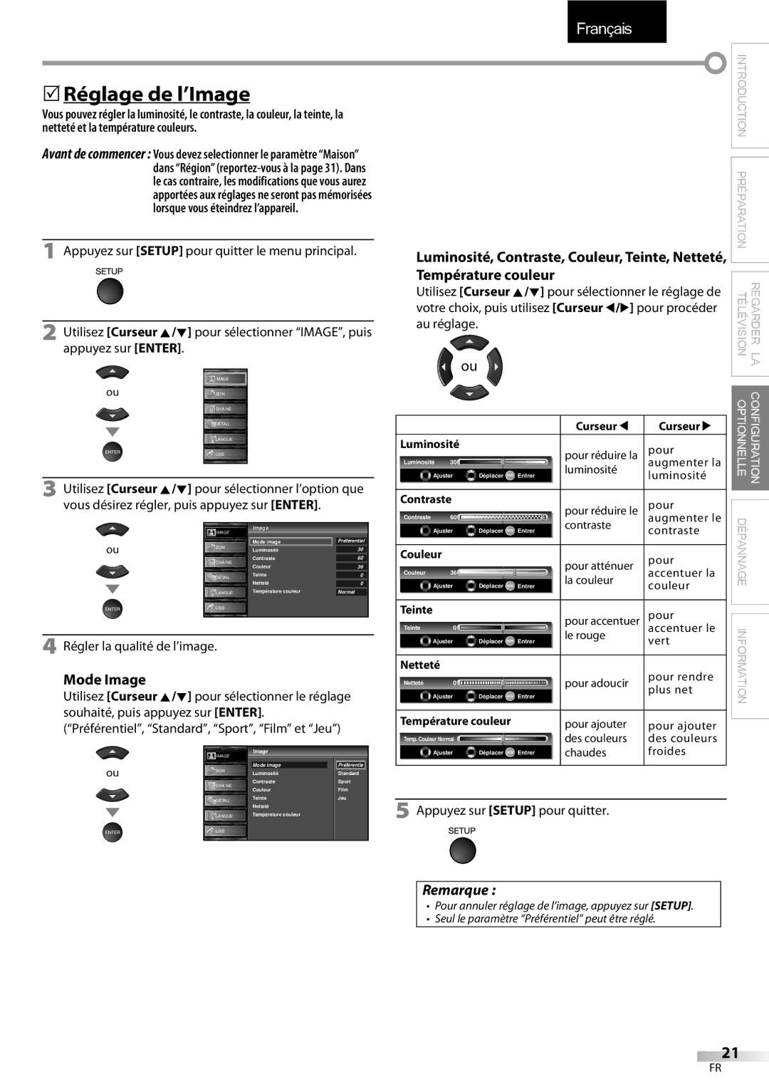 Sylvania LC427SSX owner manual 5Réglage de l’Image, Mode Image, Régler la qualité de l’image 