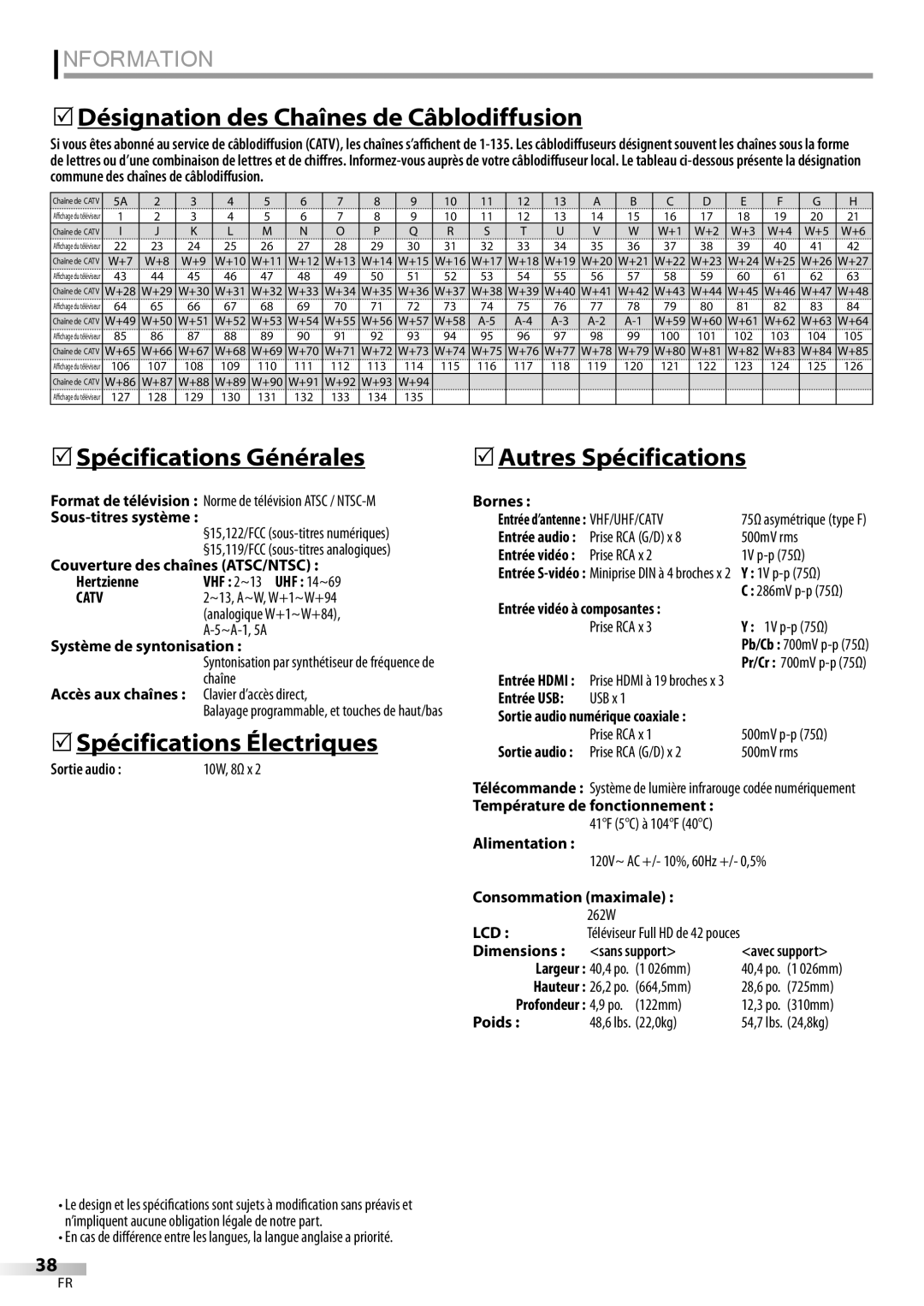 Sylvania LC427SSX 5Désignation des Chaînes de Câblodiffusion, 5Spécifications Générales, 5Spécifications Électriques 