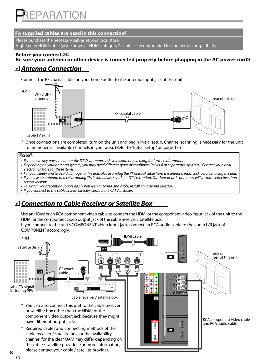 Sylvania LC427SSX owner manual Preparation, 5Antenna Connection, 5Connection to Cable Receiver or Satellite Box 