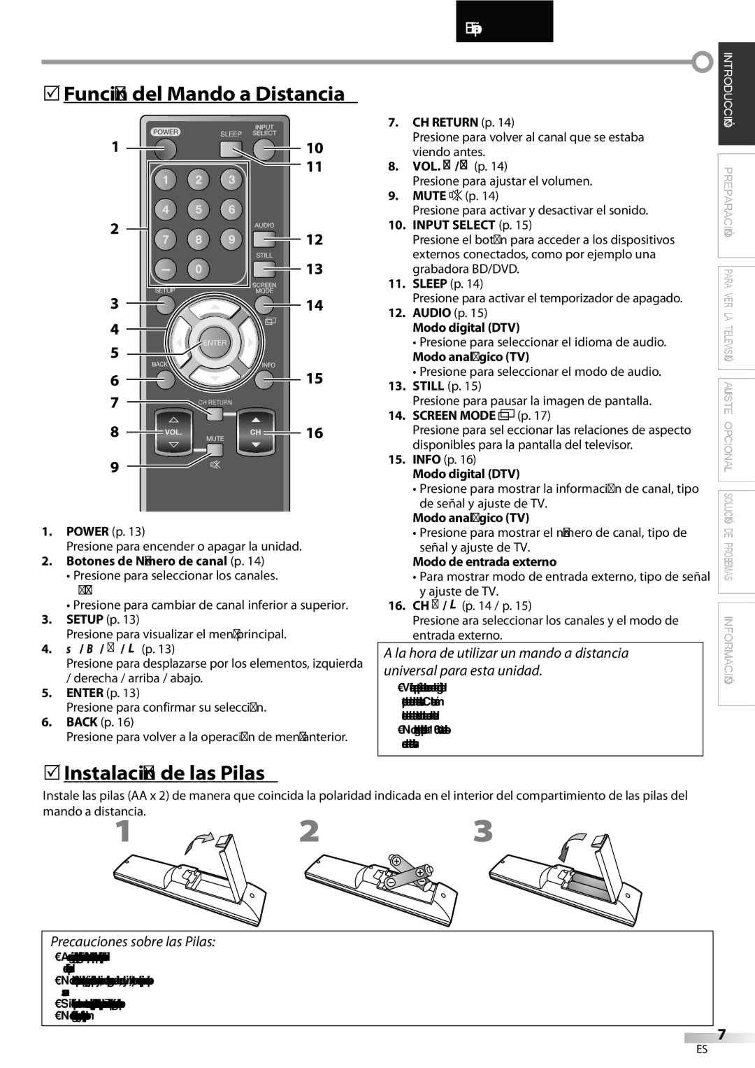 Sylvania LC427SSX owner manual 5Función del Mando a Distancia, 5Instalación de las Pilas, Precauciones sobre las Pilas 