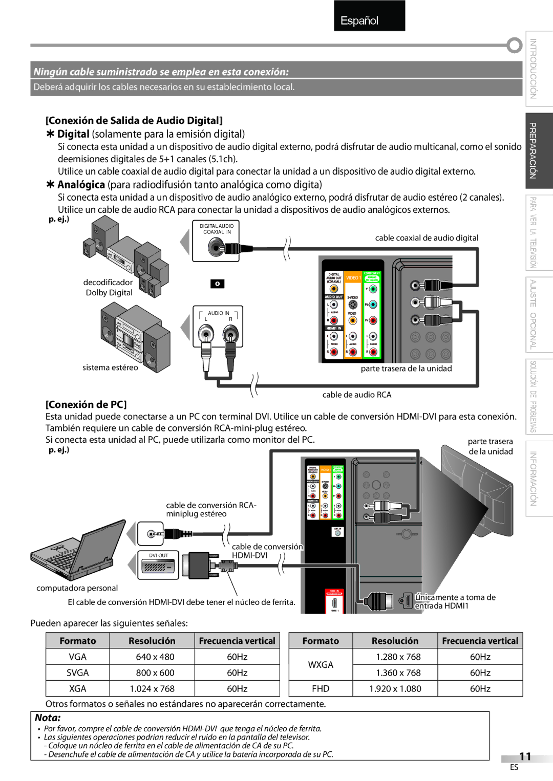 Sylvania LC427SSX owner manual Conexión de Salida de Audio Digital, Conexión de PC, Pueden aparecer las siguientes señales 