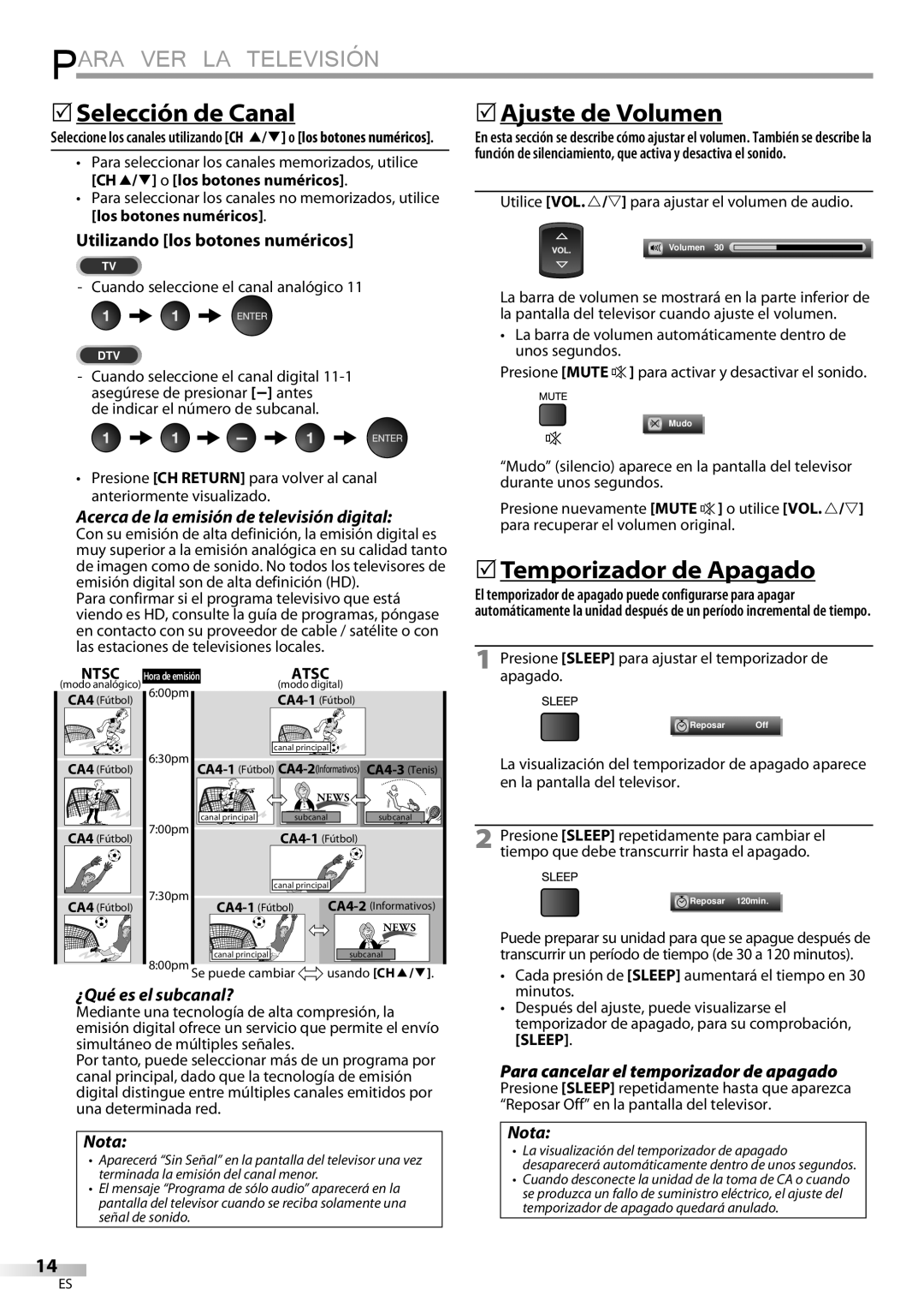 Sylvania LC427SSX owner manual Para VER LA Televisión, 5Selección de Canal, 5Ajuste de Volumen, 5Temporizador de Apagado 