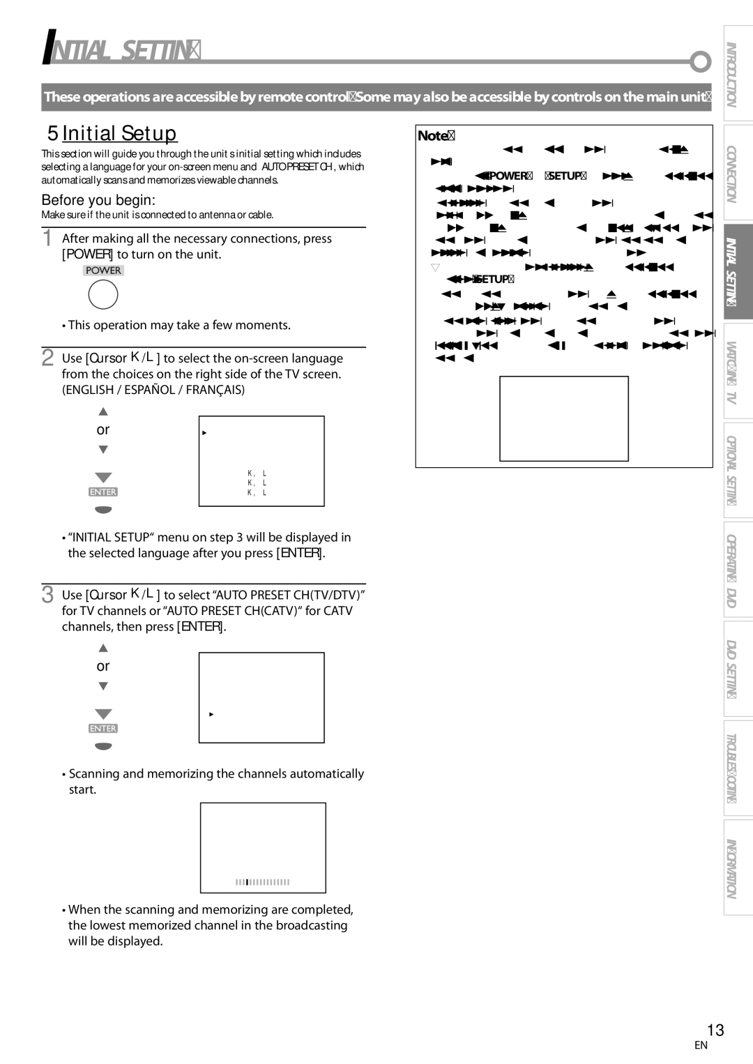 Sylvania LD155SC8 owner manual Initial Setting, Initial Setup, Make sure if the unit is connected to antenna or cable 