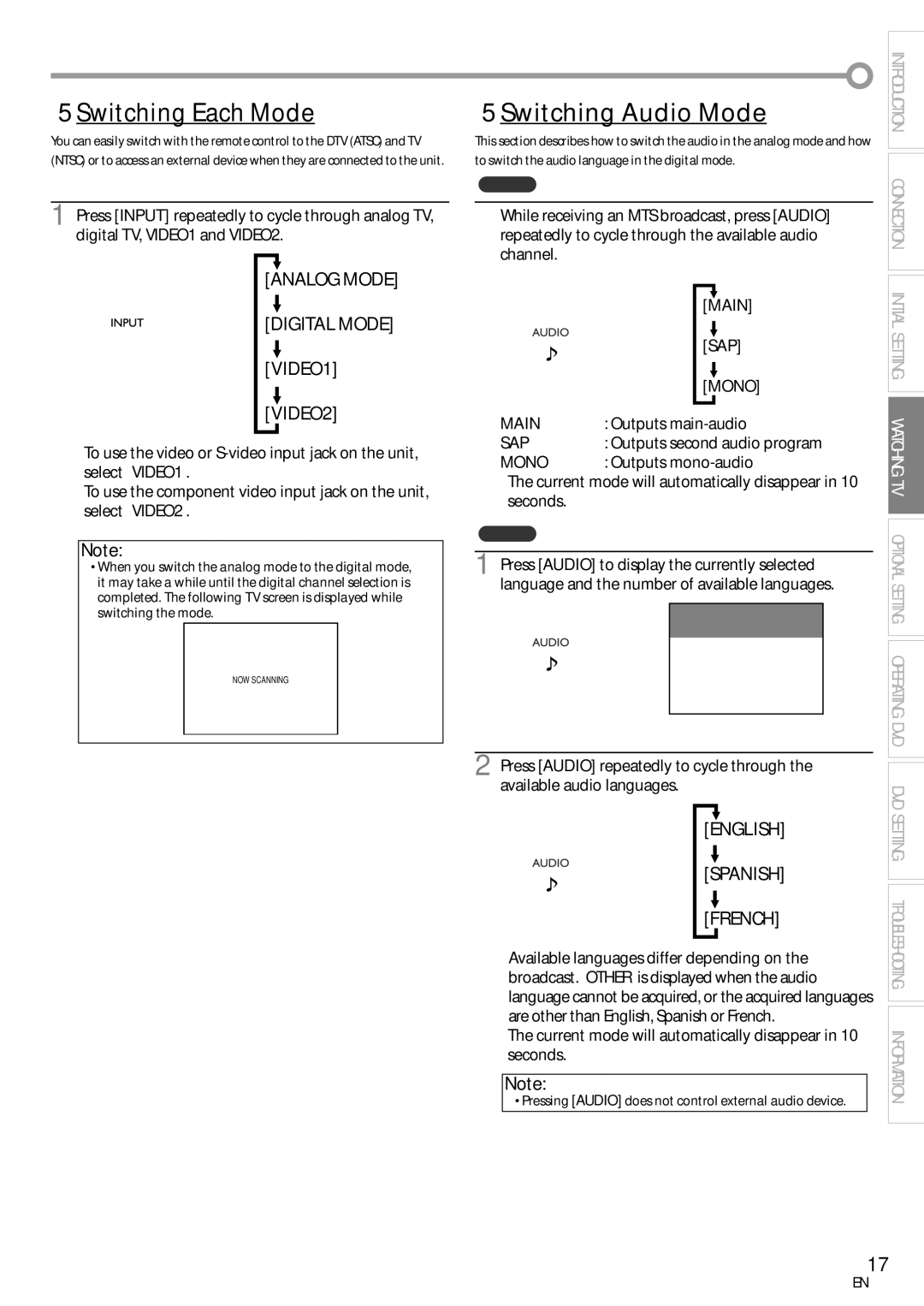 Sylvania LD155SC8 owner manual Switching Each Mode, Switching Audio Mode, Main, Sap, Mono 