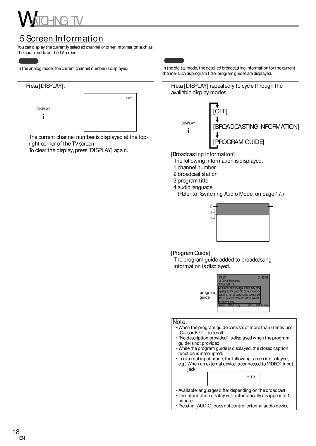 Sylvania LD155SC8 owner manual Screen Information, Press Display, Broadcasting Information, Program Guide 