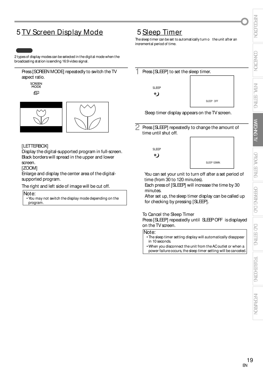 Sylvania LD155SC8 owner manual TV Screen Display Mode, Letterbox, Zoom, To Cancel the Sleep Timer 