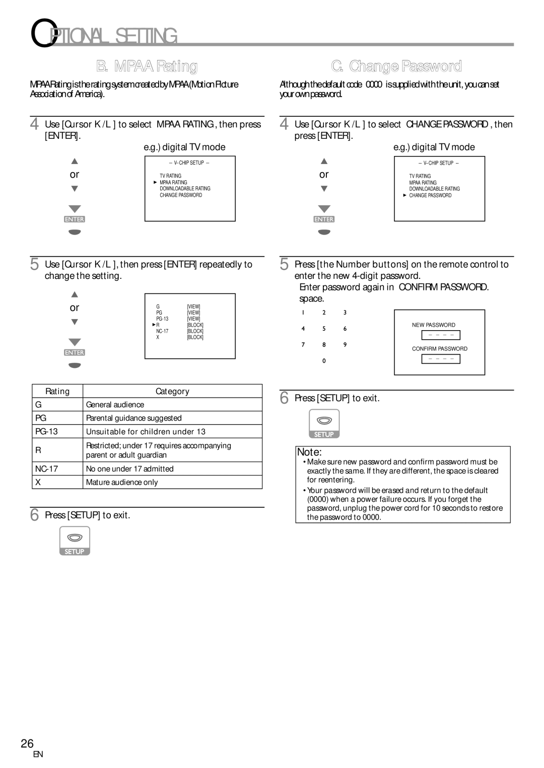 Sylvania LD155SC8 owner manual Mpaa Rating, Change Password, Use Cursor K/L to select Mpaa RATING, then press 