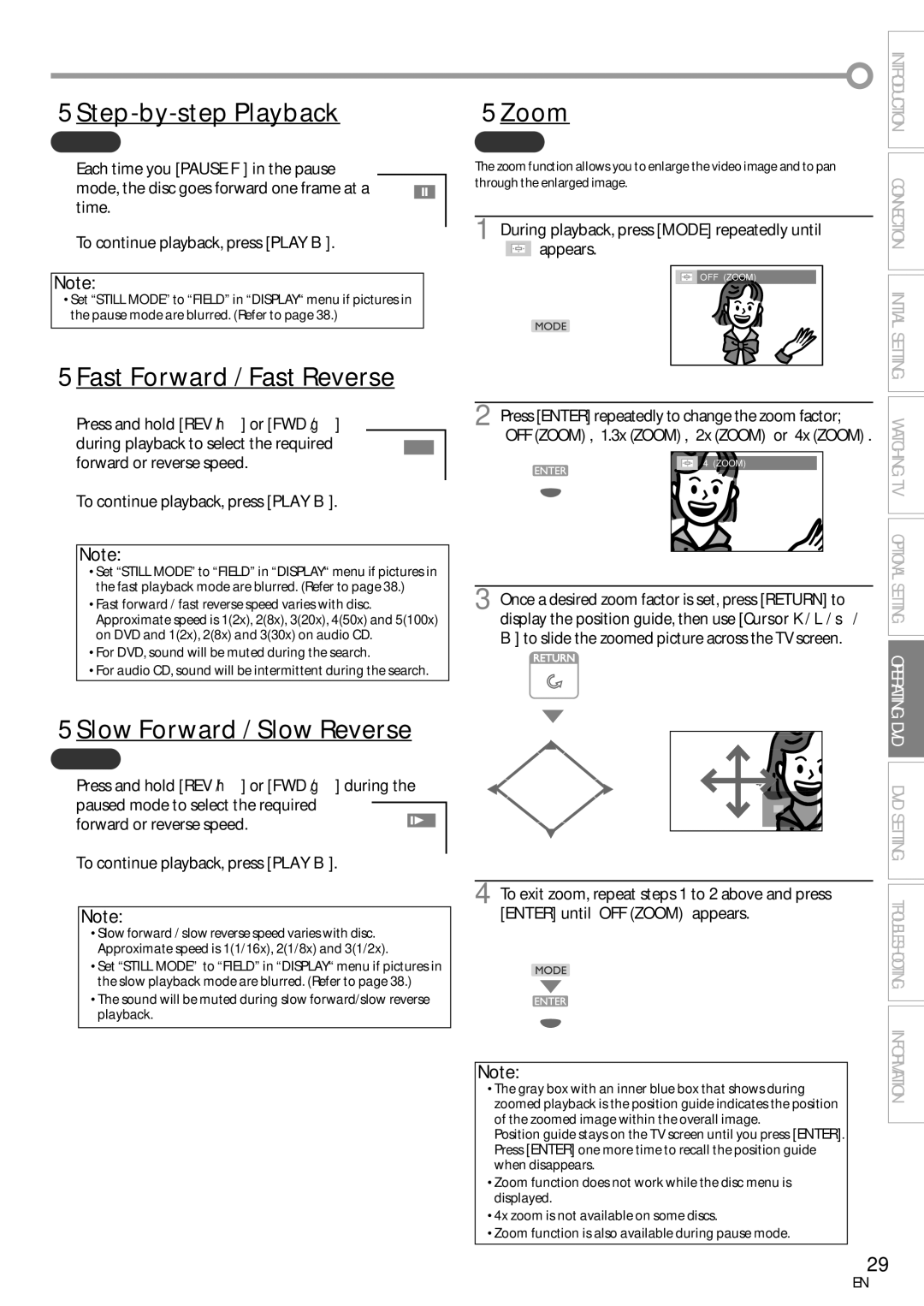 Sylvania LD155SC8 owner manual Step-by-step Playback, Fast Forward / Fast Reverse, Slow Forward / Slow Reverse, 5Zoom 