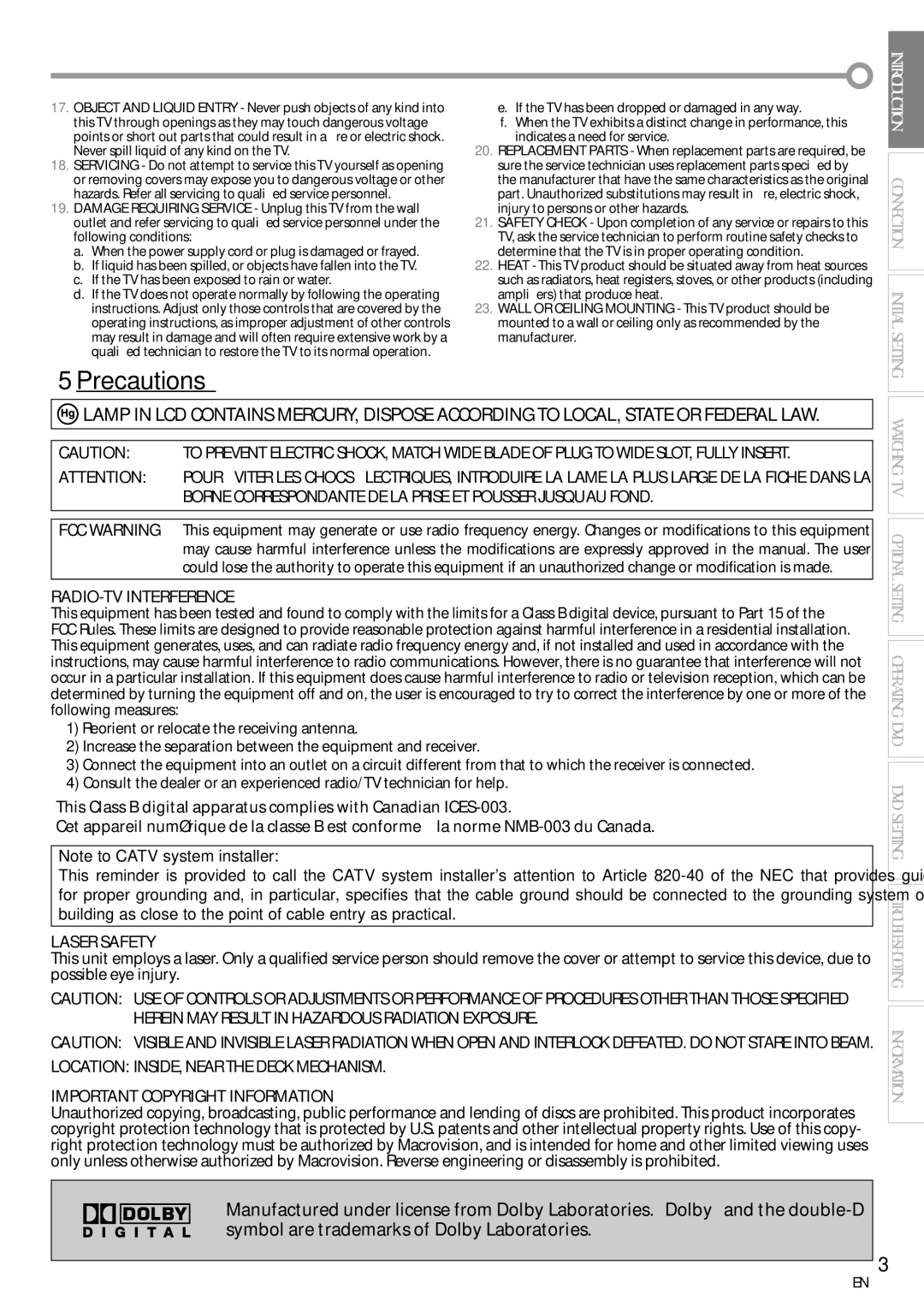 Sylvania LD155SC8 owner manual Precautions, RADIO-TV Interference, Laser Safety, Important Copyright Information 