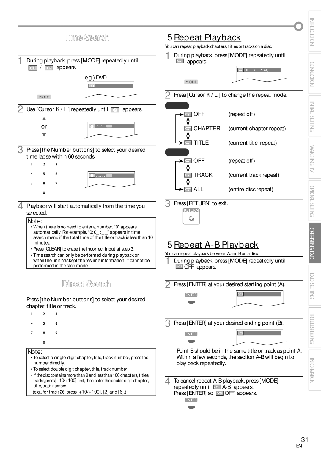 Sylvania LD155SC8 owner manual Time Search, Direct Search, 5Repeat Playback, 5Repeat A-B Playback 