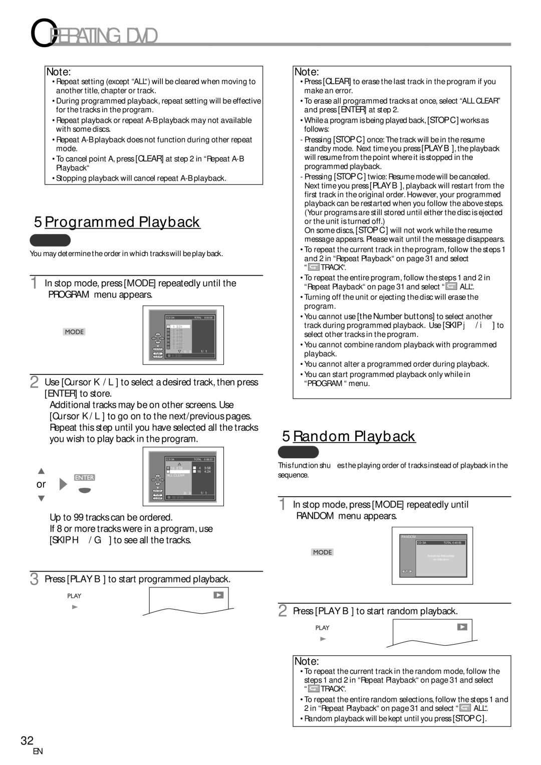 Sylvania LD155SC8 Programmed Playback, Random Playback, Stop mode, press Mode repeatedly until Random menu appears 