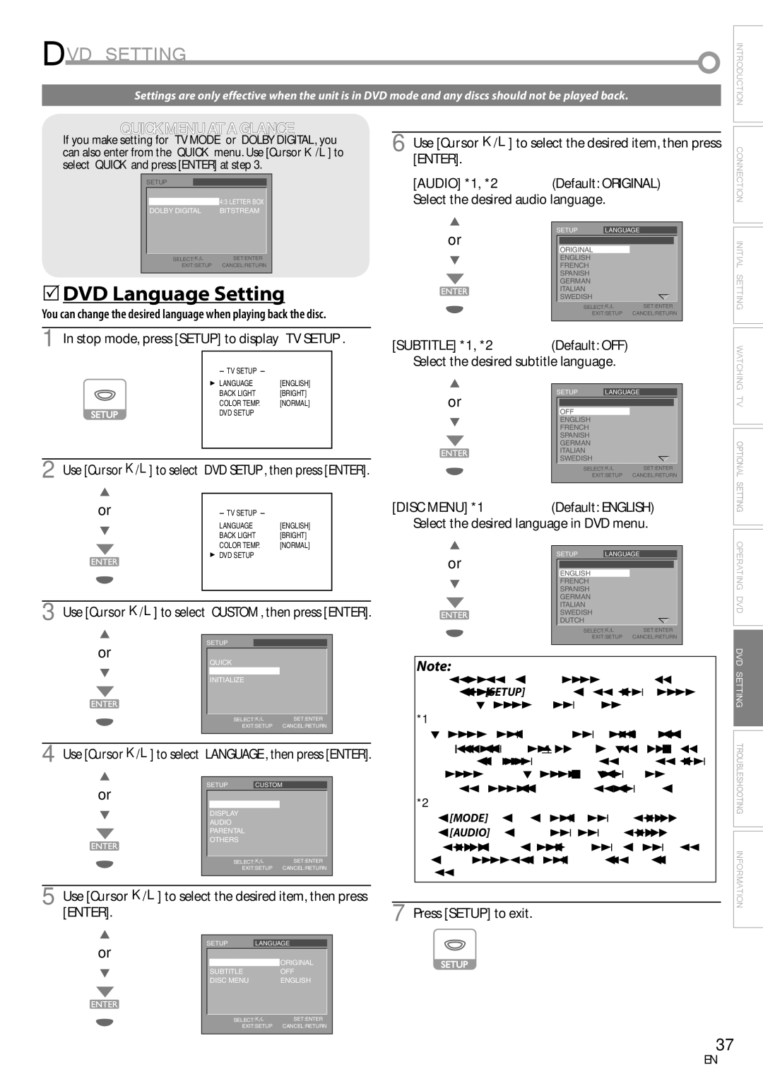 Sylvania LD155SC8 owner manual DVD Setting, DVD Language Setting, Stop mode, press Setup to display TV Setup, Audio *1, *2 