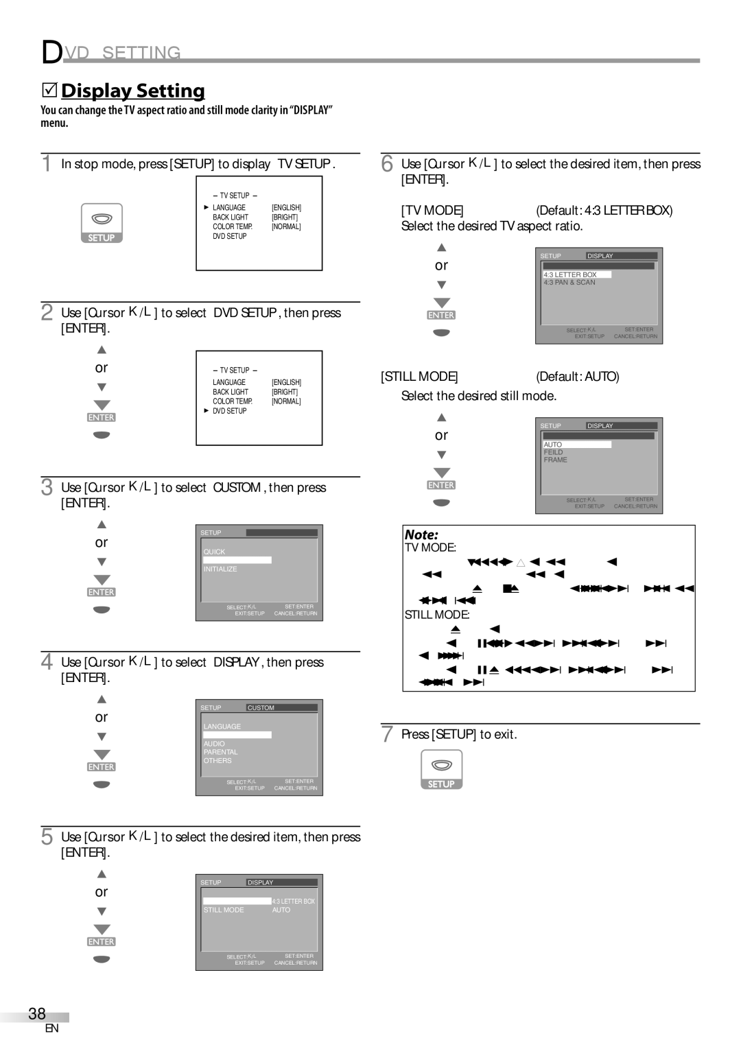 Sylvania LD155SC8 owner manual Display Setting, Use Cursor K/L to select DVD SETUP, then press 