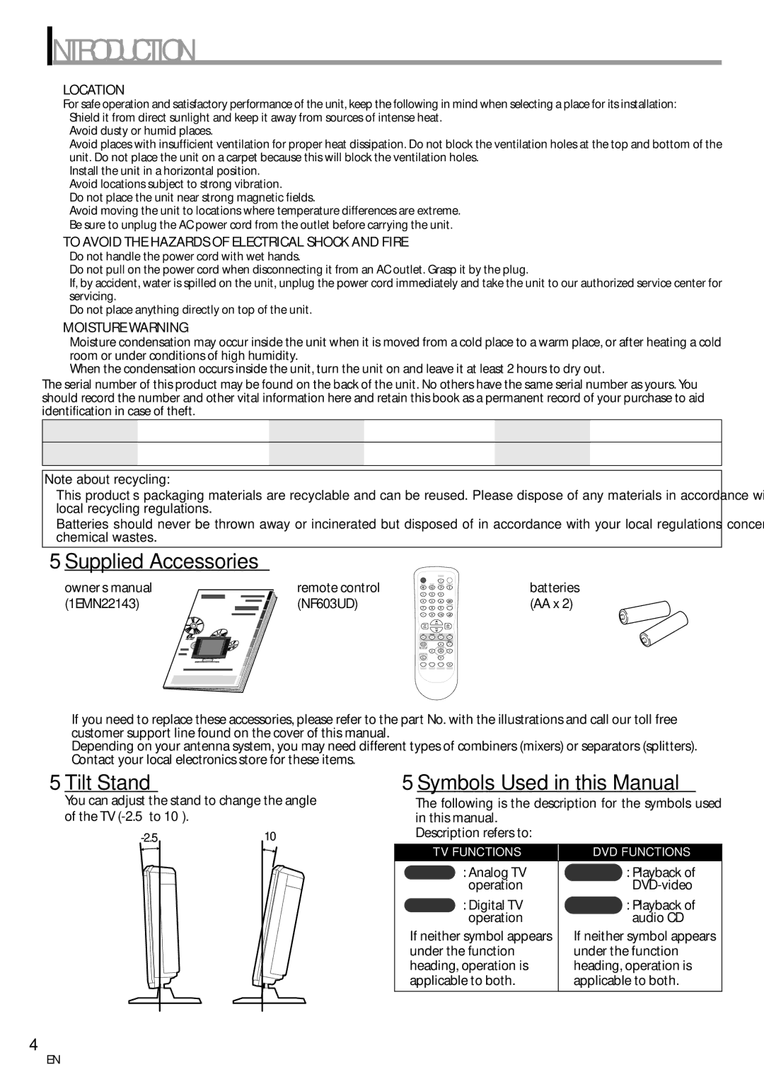 Sylvania LD155SC8 owner manual Supplied Accessories, Tilt Stand, Symbols Used in this Manual 