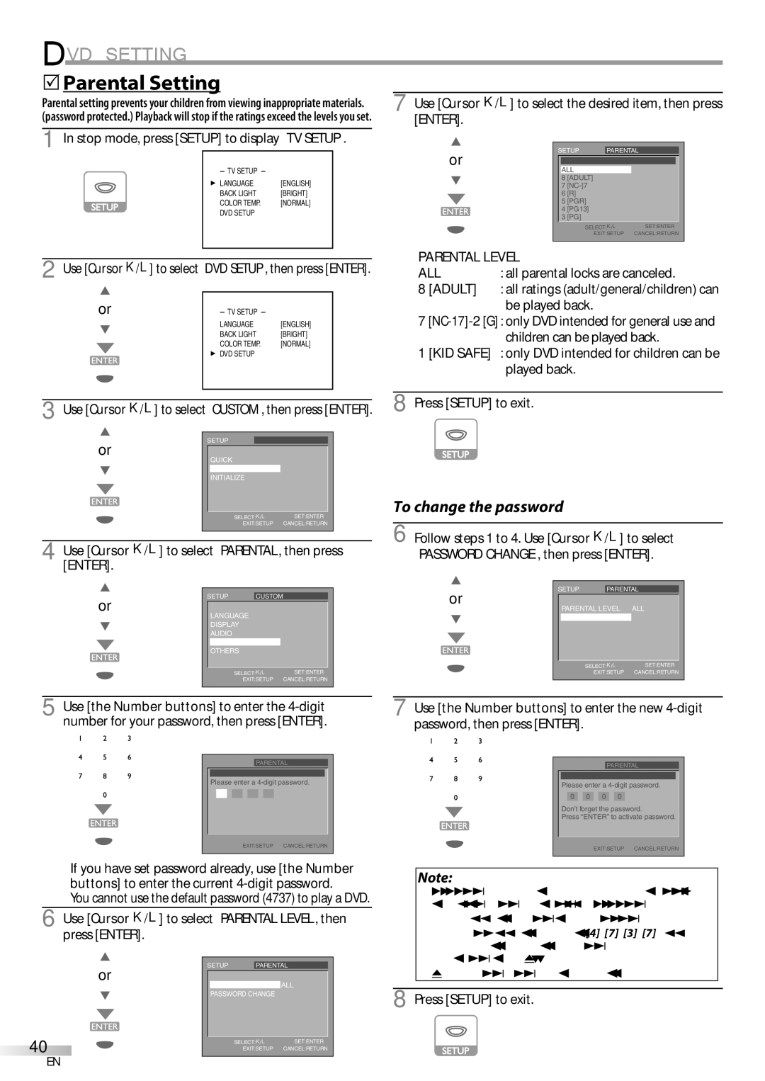 Sylvania LD155SC8 owner manual Parental Setting, Use Cursor K/L to select PARENTAL, then press, Parental Level 