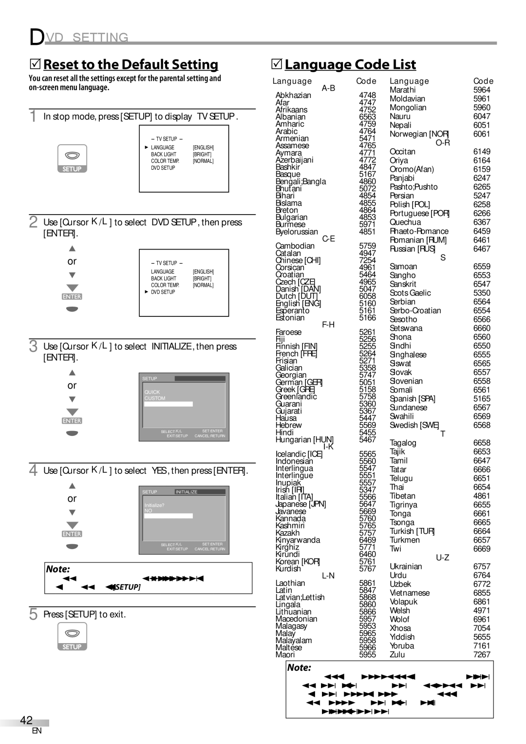 Sylvania LD155SC8 Reset to the Default Setting, Language Code List, Use Cursor K/L to select INITIALIZE, then press 