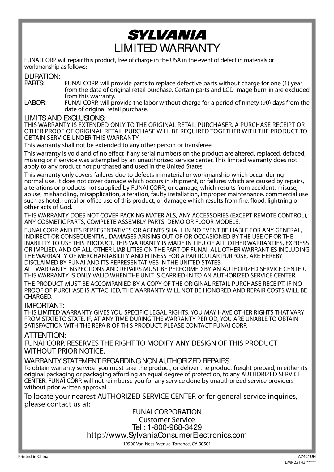 Sylvania LD155SC8 owner manual Limited Warranty 