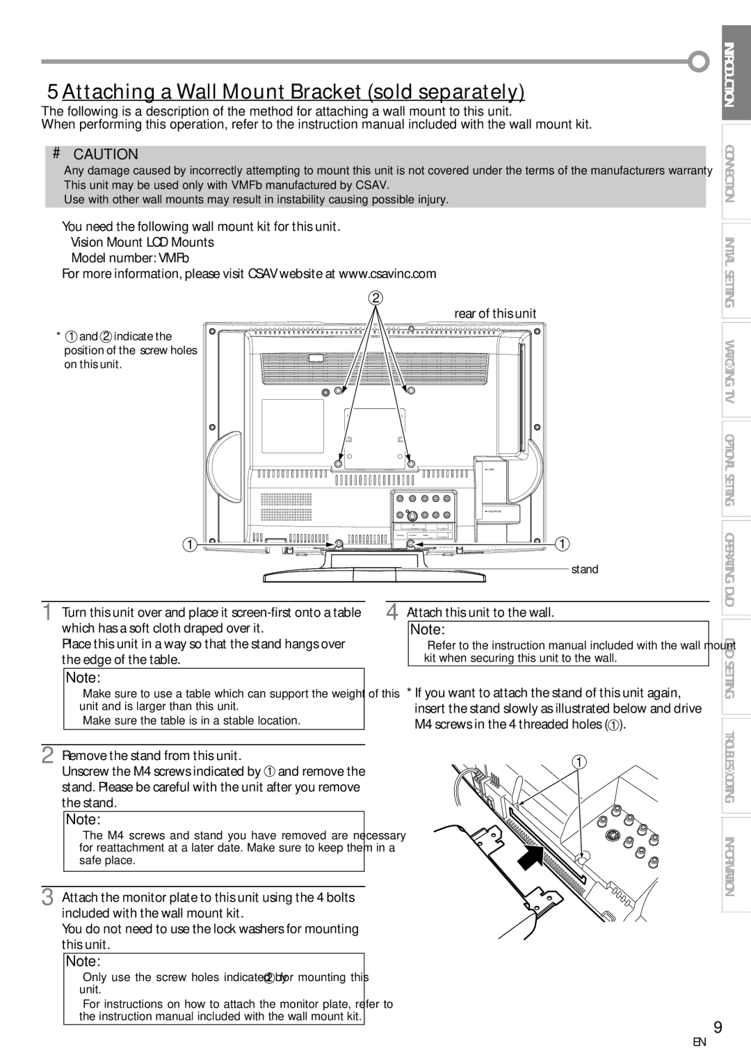 Sylvania LD155SC8 owner manual Attaching a Wall Mount Bracket sold separately, Attach this unit to the wall 