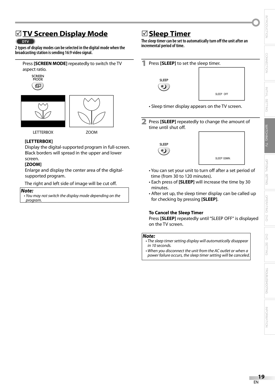 Sylvania ld155sl8 owner manual 5TV Screen Display Mode, 5Sleep Timer, Letterbox, Zoom, To Cancel the Sleep Timer 