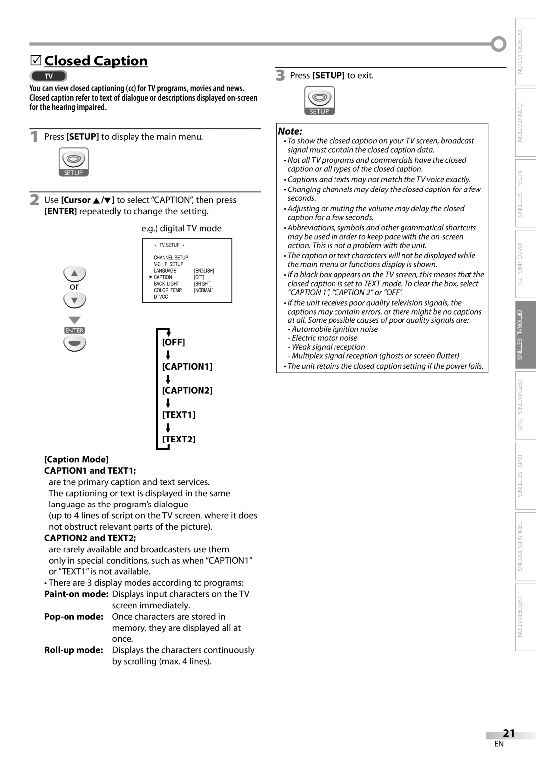 Sylvania ld155sl8 owner manual 5Closed Caption, Press Setup to display the main menu, OFF CAPTION1 CAPTION2 TEXT1 TEXT2 