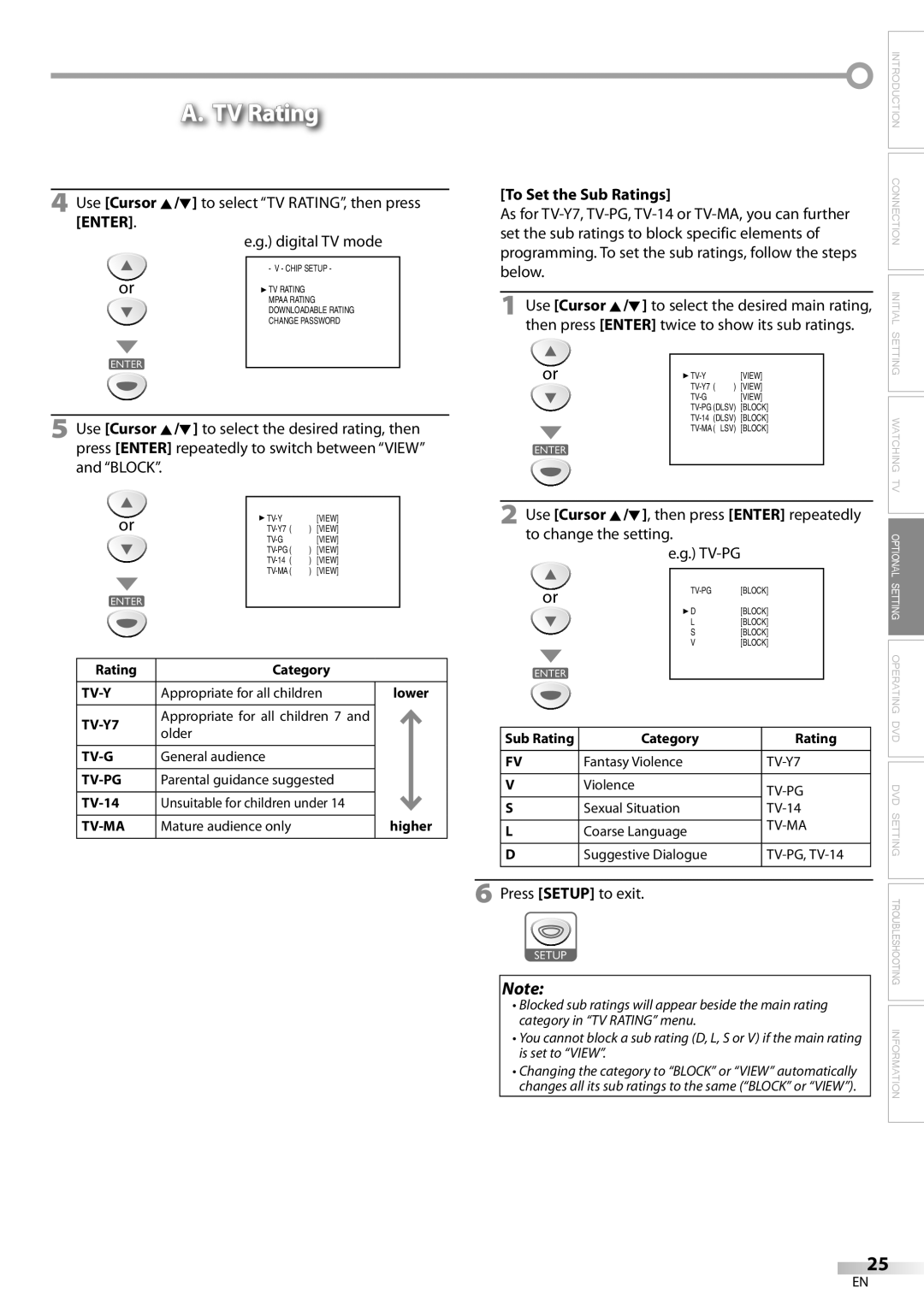 Sylvania ld155sl8 owner manual TV Rating, To Set the Sub Ratings 