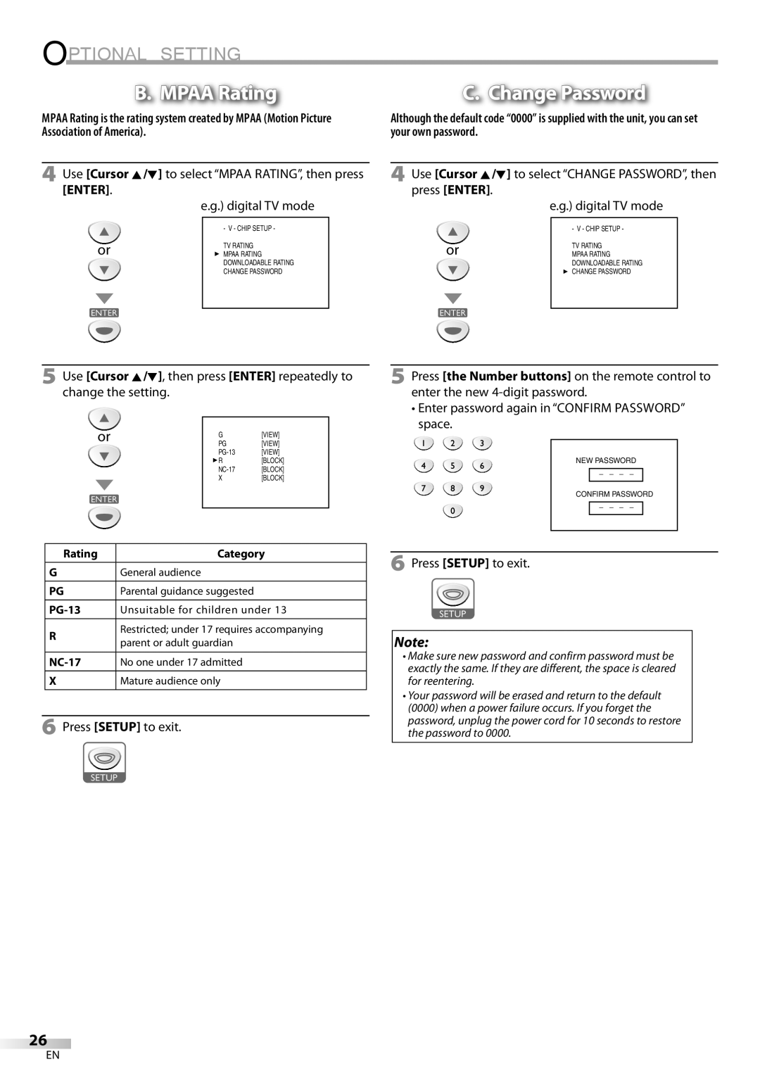 Sylvania ld155sl8 owner manual Mpaa Rating, Change Password, Enter password again in Confirm Password space, PG-13, NC-17 