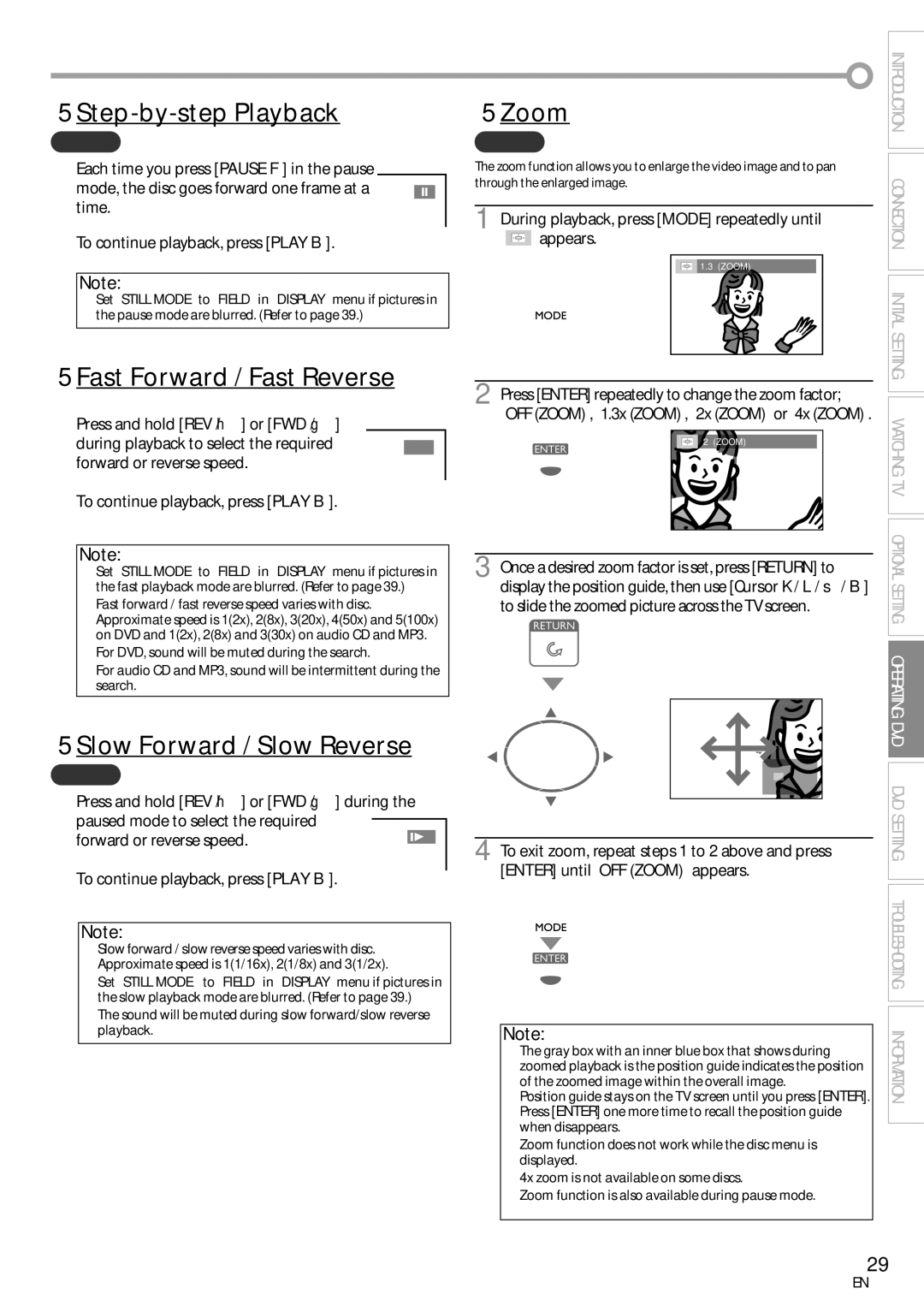 Sylvania ld155sl8 owner manual Step-by-step Playback, 5Fast Forward / Fast Reverse, 5Slow Forward / Slow Reverse, 5Zoom 