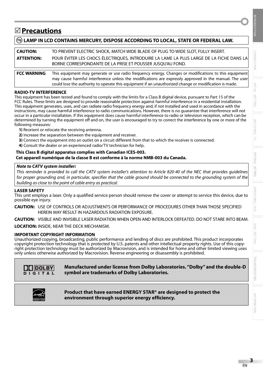 Sylvania ld155sl8 owner manual Precautions, RADIO-TV Interference, Laser Safety, Important Copyright Information 