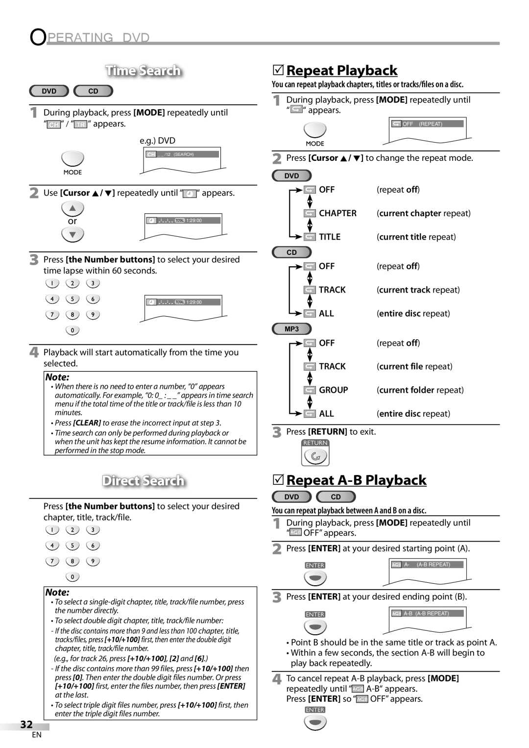 Sylvania ld155sl8 owner manual Time Search, 5Repeat Playback, Direct Search, 5Repeat A-B Playback 