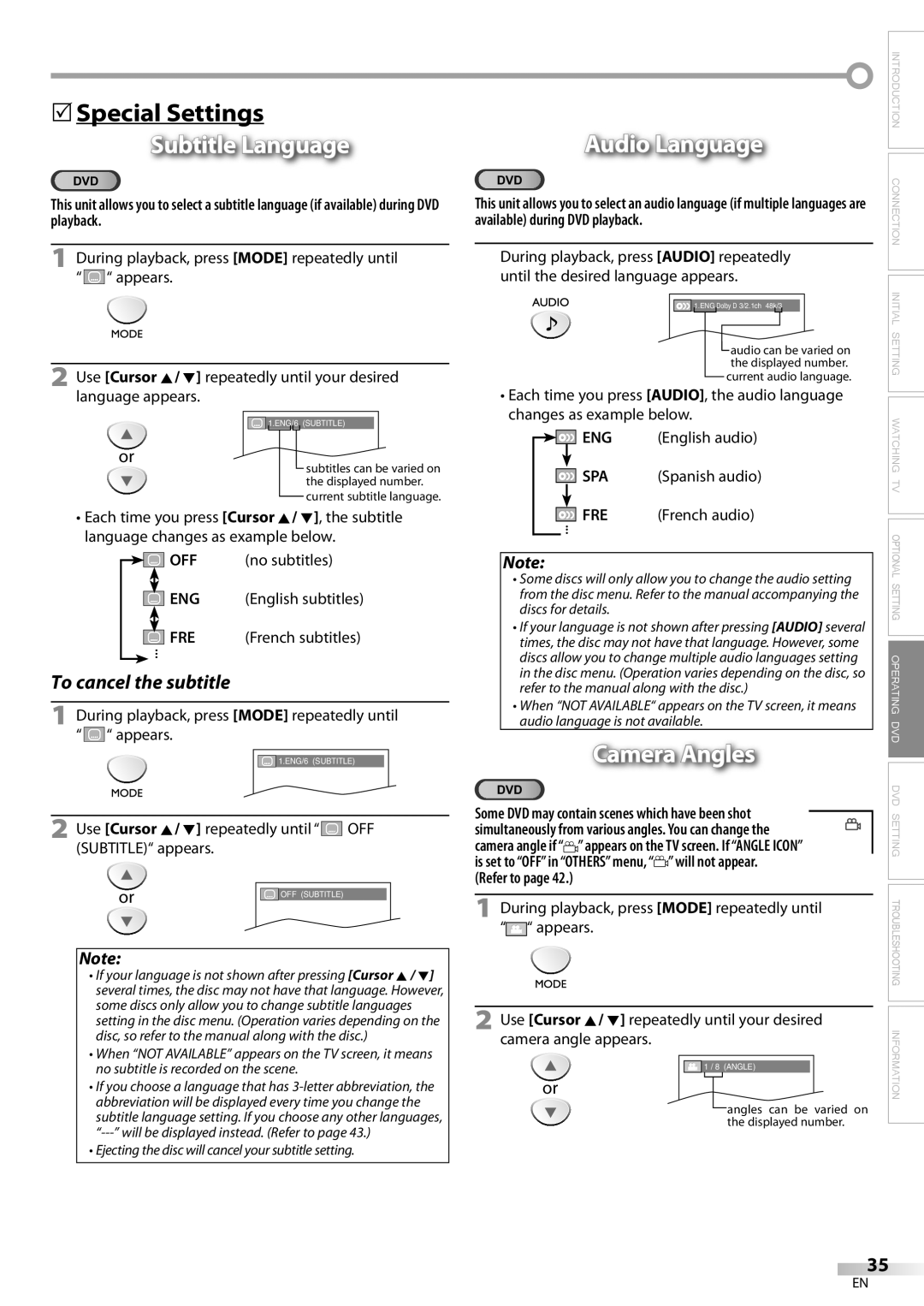 Sylvania ld155sl8 owner manual 5Special Settings, Subtitle Language, Audio Language, Camera Angles, Refer to 