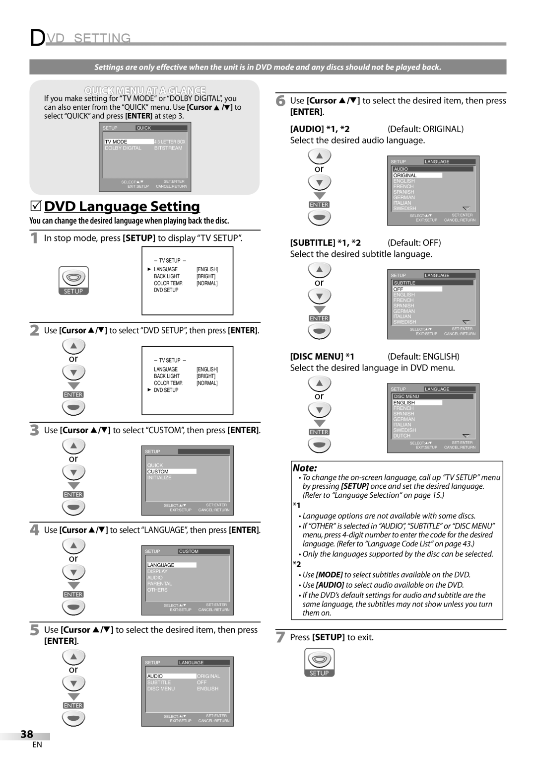 Sylvania ld155sl8 owner manual DVD Setting, 5DVD Language Setting, Enter, Audio *1, *2, Subtitle *1, *2 Default OFF 